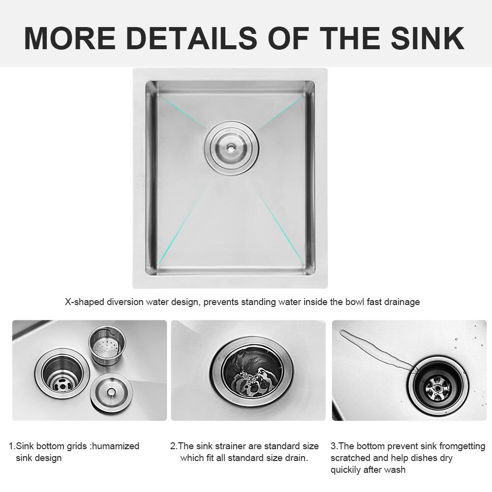 MORE DETAILS OF THE SINK

X-shaped diversion water design, prevents standing water inside the bowl fast drainage

1. Sink bottom grids: humamized sink design
2. The sink strainer are standard size which fit all standard size drain.
3. The bottom prevent sink from getting scratched and help dishes dry quickly after wash
