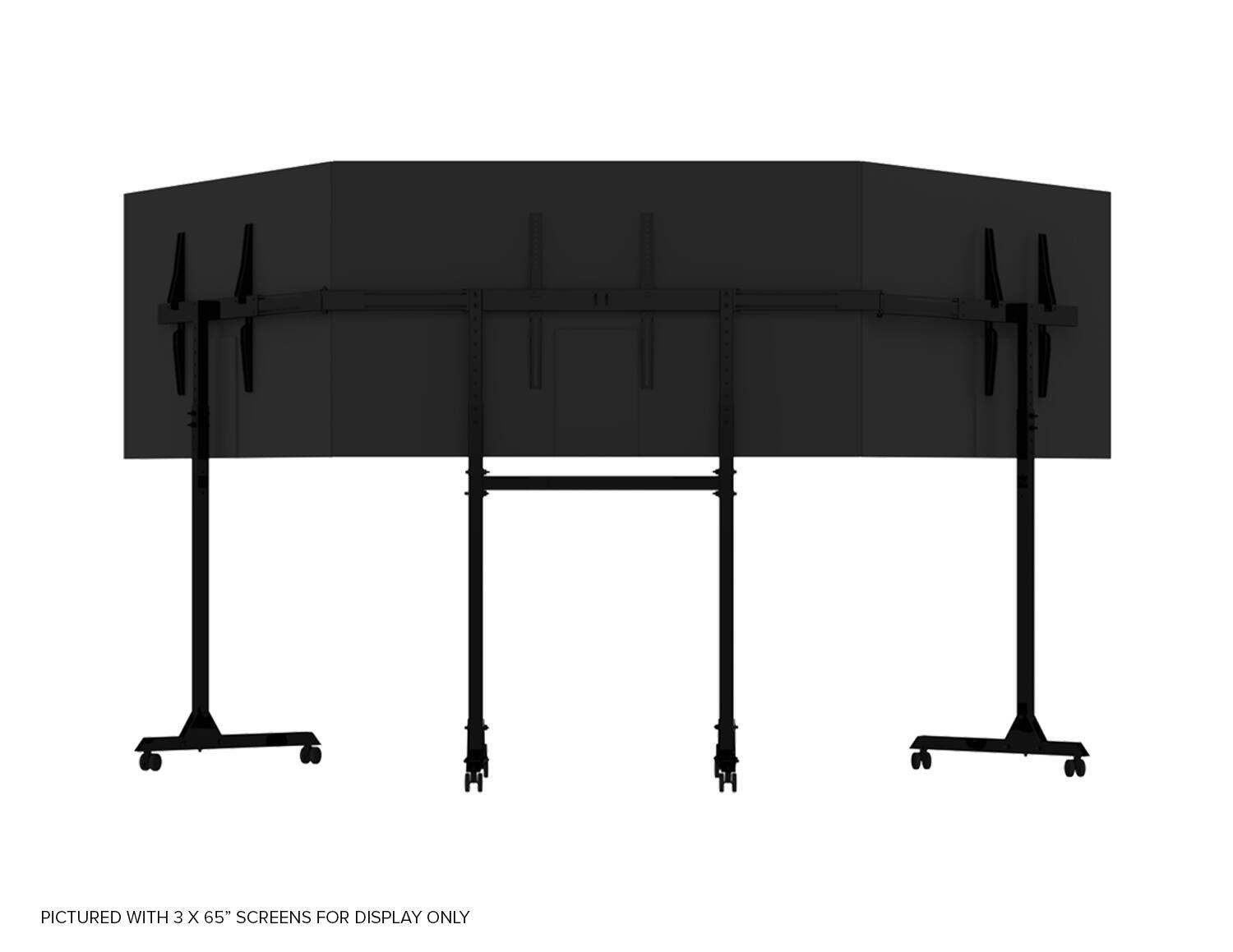 The image features a large black display with three 65" screens for display purposes only.