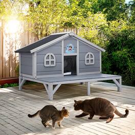 Pefilos - 43" All Weather Wooden Cat House for Indoor and Outdoor Weatherproof Cat Shelter with Escape Door, Fringe Curtains