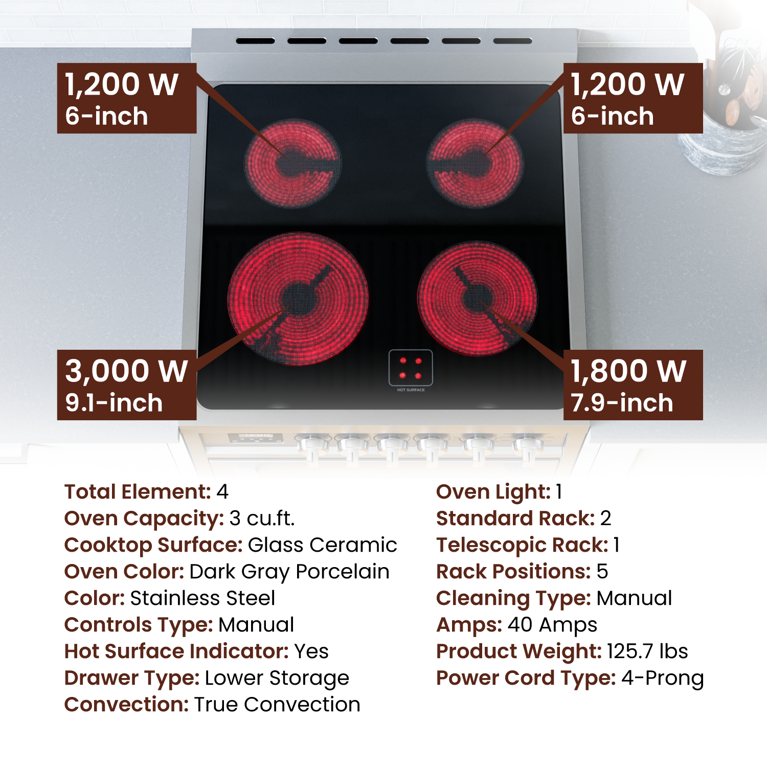1,200 W 6-inch 1,200 W 6-inch 3,000 W 9.1-inch - - 1,800 W 7.9-inch

Total Element: 4
Oven Light: 1
Oven Capacity: 3 cu.ft.
Standard Rack: 2
Cooktop Surface: Glass Ceramic
Telescopic Rack: 1
Oven Color: Dark Gray Porcelain
Rack Positions: 5
Color: Stainless Steel
Cleaning Type: Manual
Controls Type: Manual
Amps: 40 Amps
Hot Surface Indicator: Yes
Product Weight: 125.7 Ibs
Drawer Type: Lower Storage
Power Cord Type: 4-Prong
Convection: True Convection