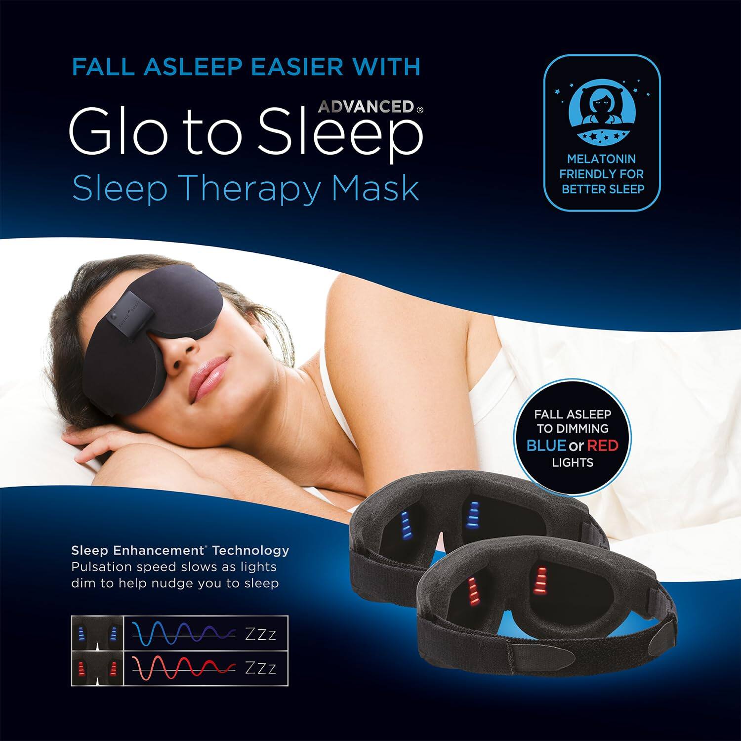 FALL ASLEEP EASIER WITH  
ADVANCED®  
Glo to Sleep  
Sleep Therapy Mask  

MELATONIN FRIENDLY FOR BETTER SLEEP  

FALL ASLEEP TO DIMMING BLUE or RED LIGHTS  

Sleep Enhancement Technology  
Pulsation speed slows as lights dim to help nudge you to sleep  

ZZz  
ZZz