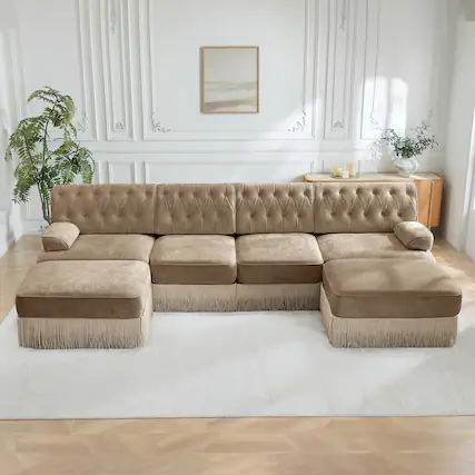 Front. LOVMOR - 4 Seater Velvet Modular Sectional Couch Compressed Pack Tufted For Living Room Bedroom Den Soft Modern Elegant - Camel.