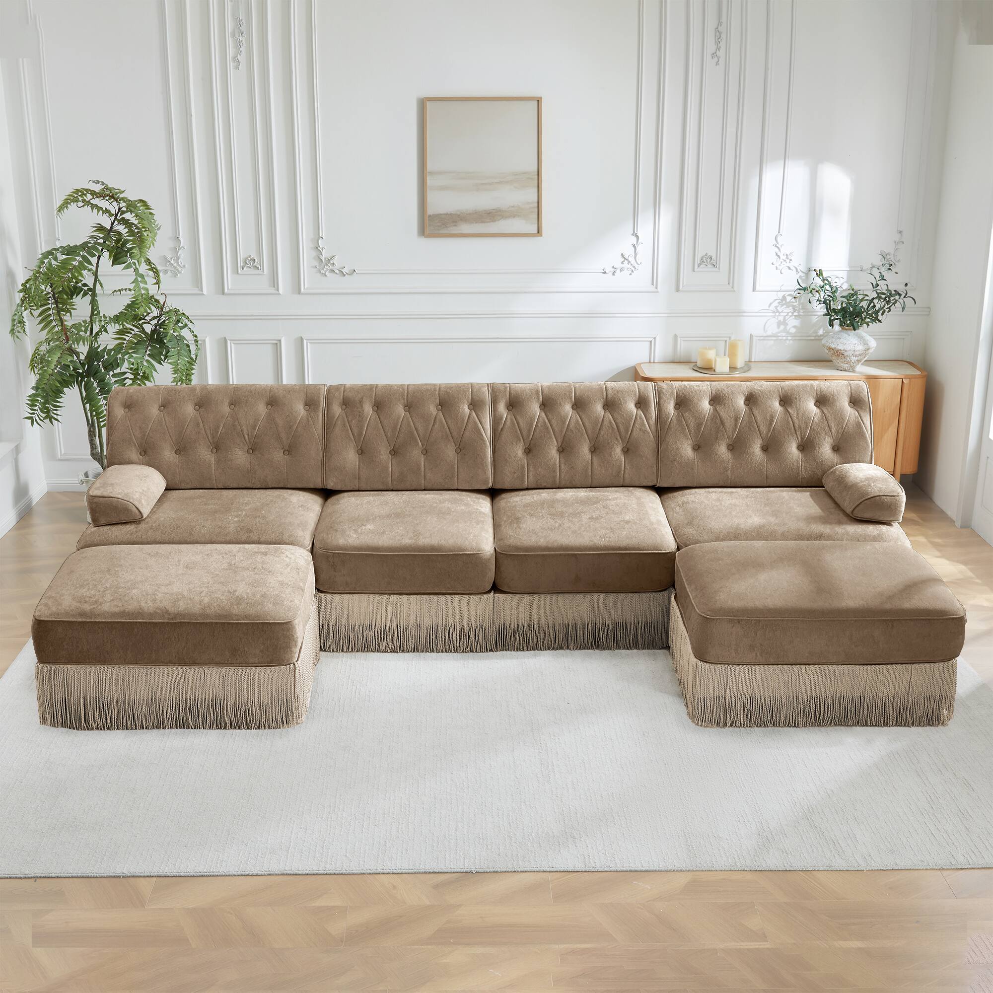 Front. LOVMOR - 4 Seater Velvet Modular Sectional Couch Compressed Pack Tufted For Living Room Bedroom Den Soft Modern Elegant - Camel.