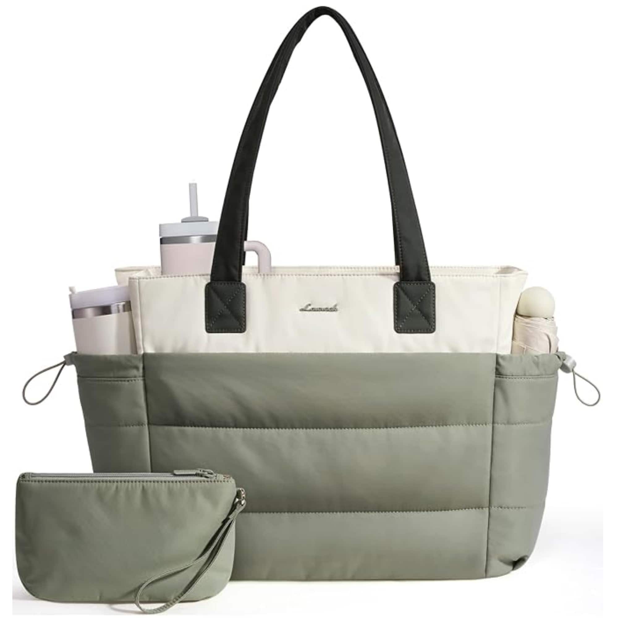 LOVEVOOK - Tote Bag for Women with Giant Tumbler Holder Pocket, Puffer Work Travel Laptop Handbag with Zipper - Green