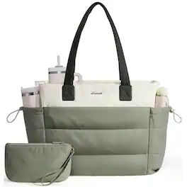 LOVEVOOK - Tote Bag for Women with Giant Tumbler Holder Pocket, Puffer Work Travel Laptop Handbag with Zipper - Green