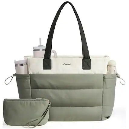 Front. LOVEVOOK - LOVEVOOK Tote Bag for Women with Giant Tumbler Holder Pocket, Puffer Work Travel Laptop Handbag with Zipper, Green - Green.