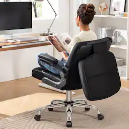 KERDOM - Ergonomic Home Office Chair with Flip Backrest, Thick Cushion Back Pain Relief, PU Leather Swivel Wide Seat Vanity Chair - Black