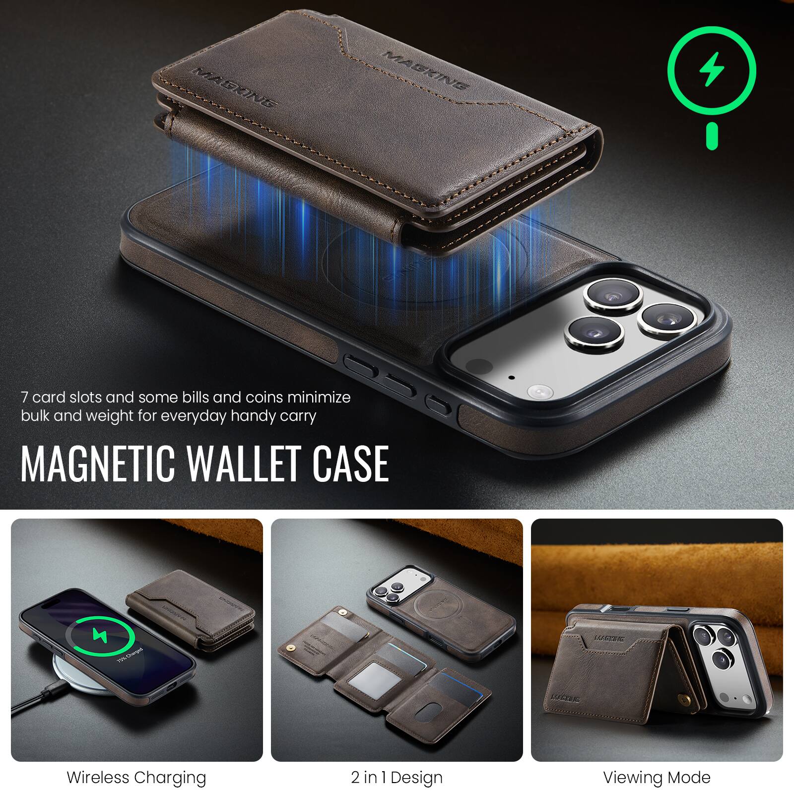 MAGRING MAGKINS 7 card slots and some bills and coins minimize bulk and weight for everyday handy carry MAGNETIC WALLET CASE

Cd LUETEN LUCTI Wireless Charging 2 in 1 Design Viewing Mode