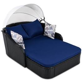 Mondawe - 79.9" Outdoor PE Rattan Daybed with Adjustable Canopy with Beige Cushion - Black+Blue