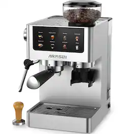AIRMSEN - Espresso Machine with Burr Grinder, Cold Brew Coffee Machine for Cappuccino Latte Americano - Stainless Steel