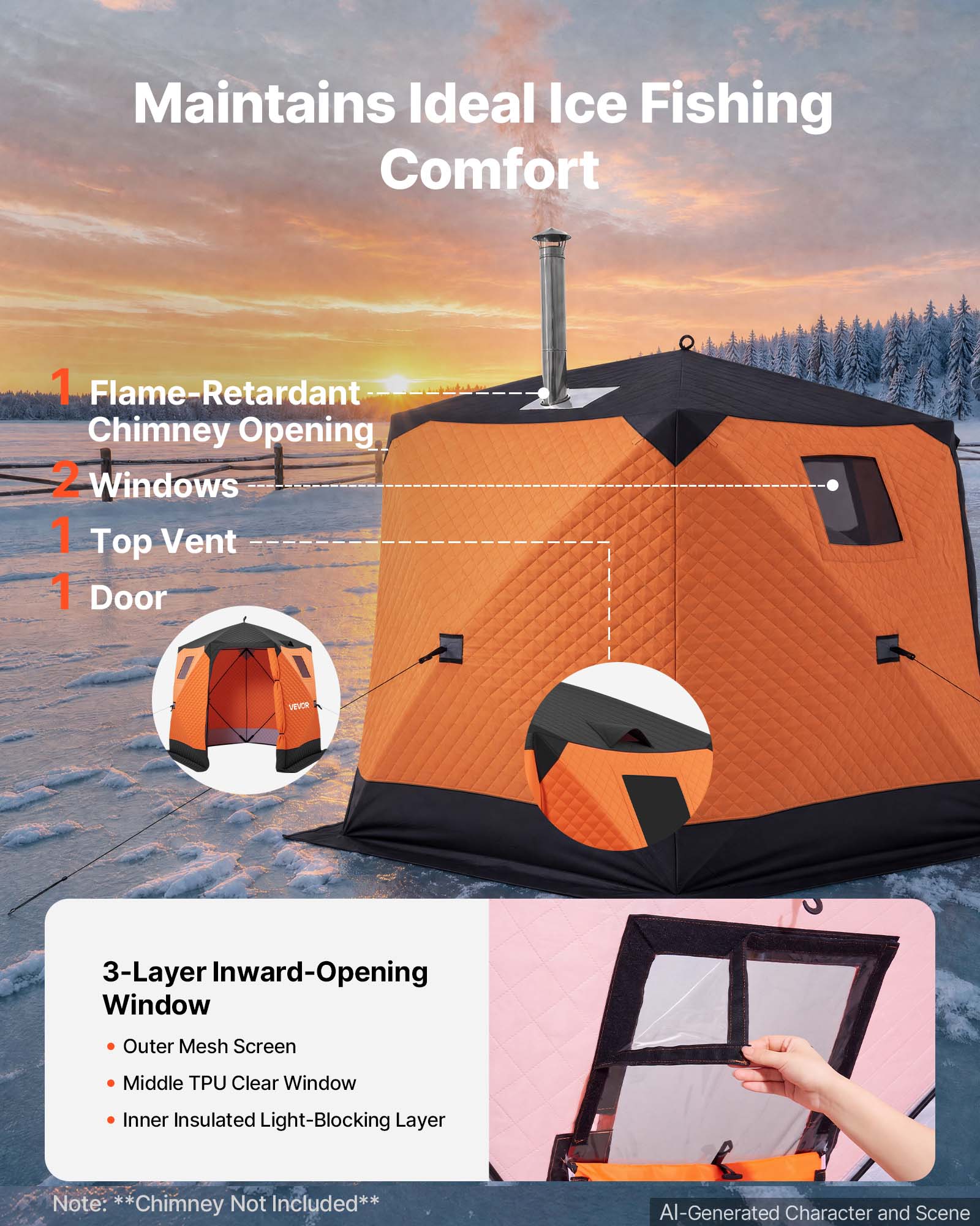 Maintains Ideal Ice Fishing Comfort

1 Flame-Retardant Chimney Opening
2 Windows
1 Top Vent
1 Door

3-Layer Inward-Opening Window
- Outer Mesh Screen
- Middle TPU Clear Window
- Inner Insulated Light-Blocking Layer

Note: **Chimney Not Included**

AI-Generated Character and Scene