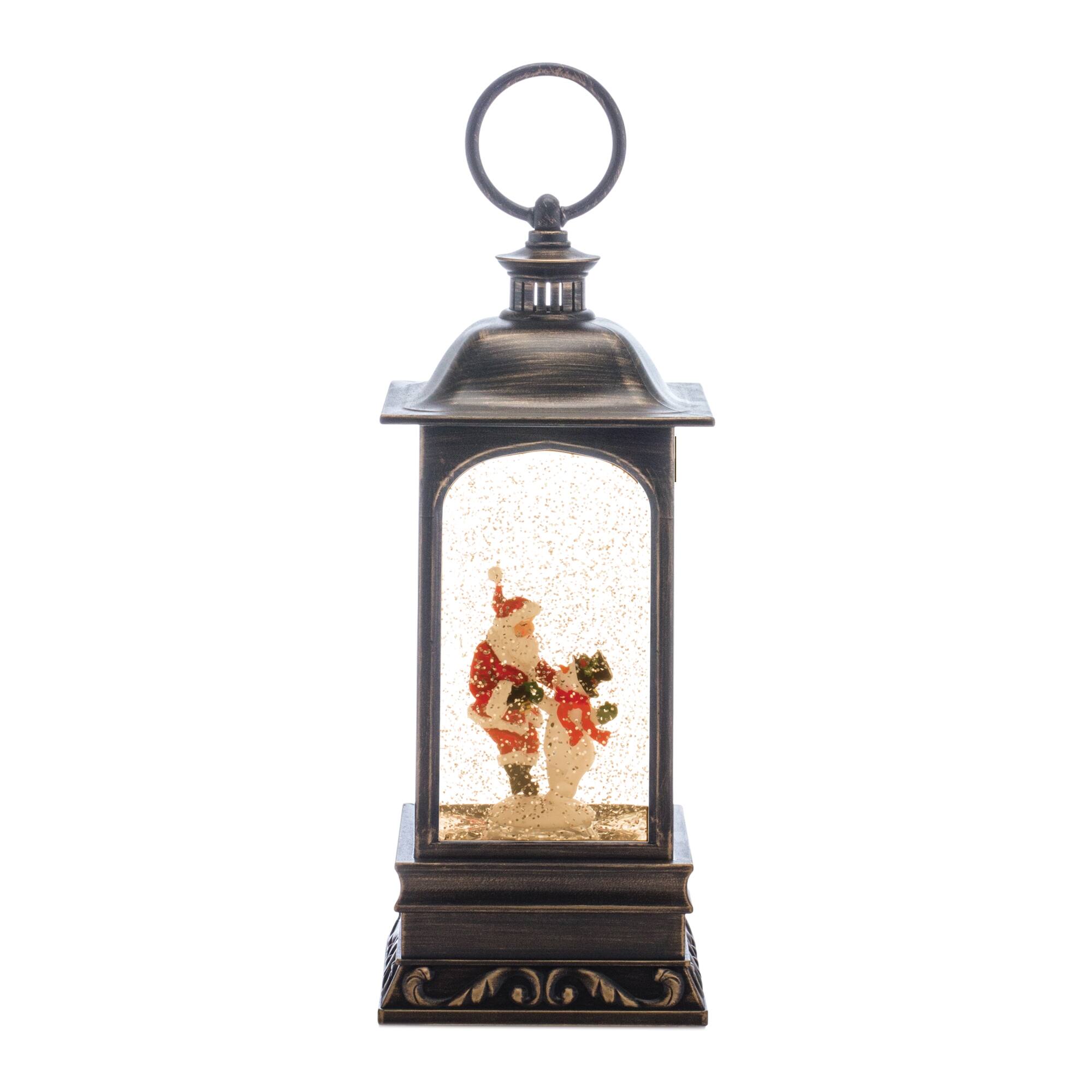 BreeBe - LED Snow Globe Lantern with Santa and Snowman 10.5"H - Bronze, Red