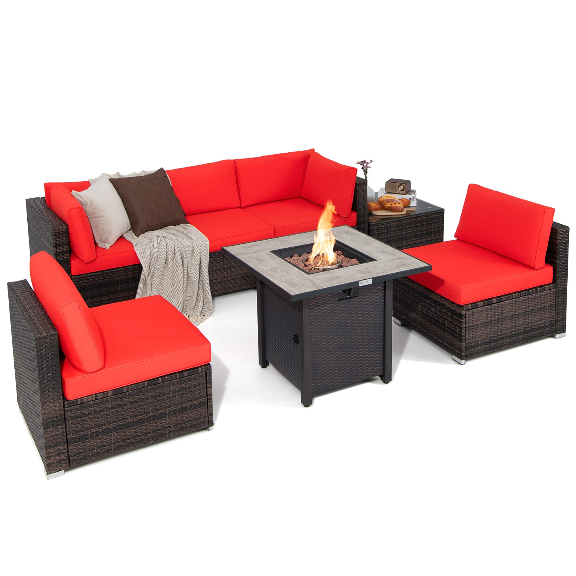 "Costway - 7PCS Patio Rattan Furniture Set 30"" Fire Pit Table Cover Cushion Sofa - Red" price history on PriceWatchPro