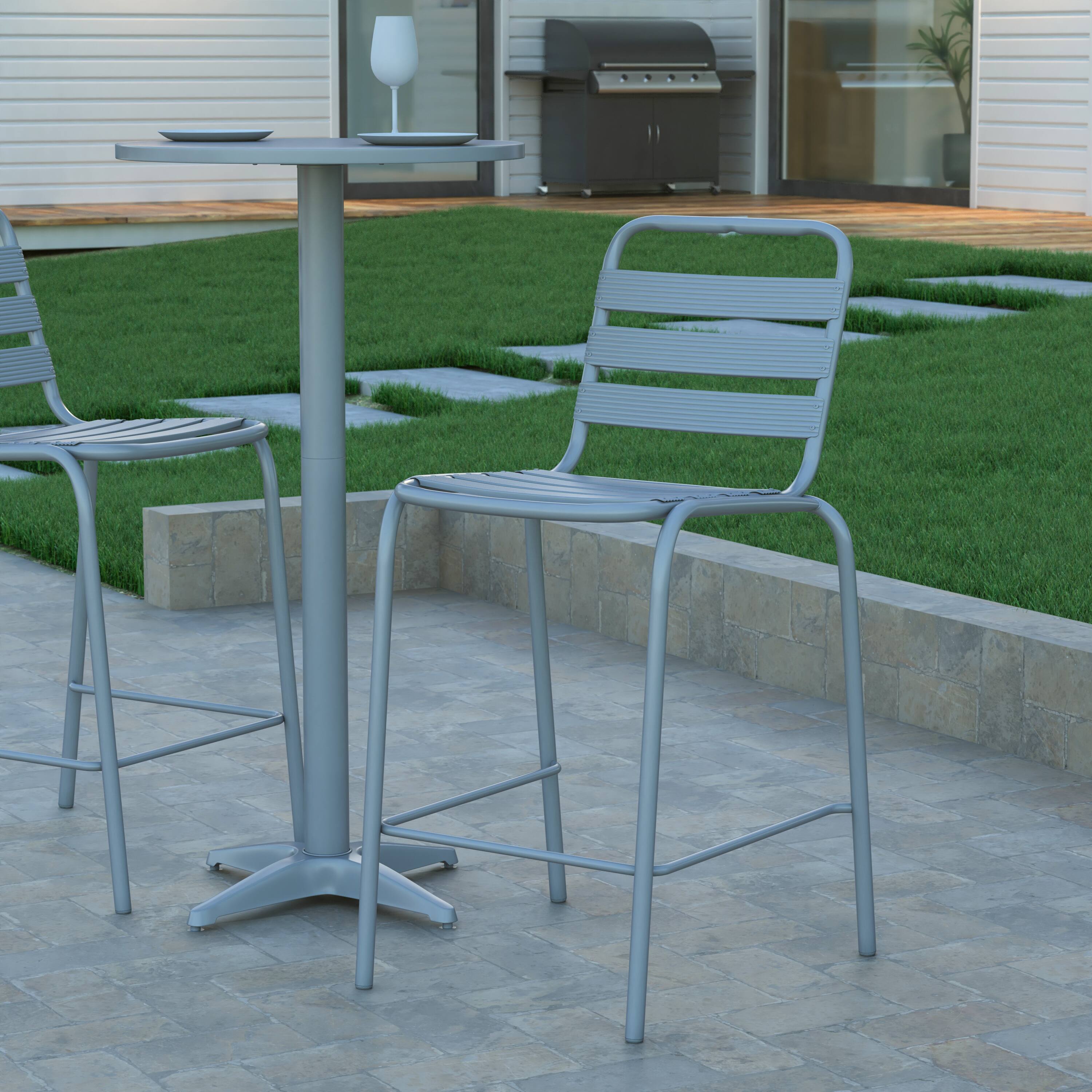 Alt View 1. Emma + Oliver - Jens Metal Dining Stool with Triple Slatted Back for Indoor and Outdoor Use - Silver.