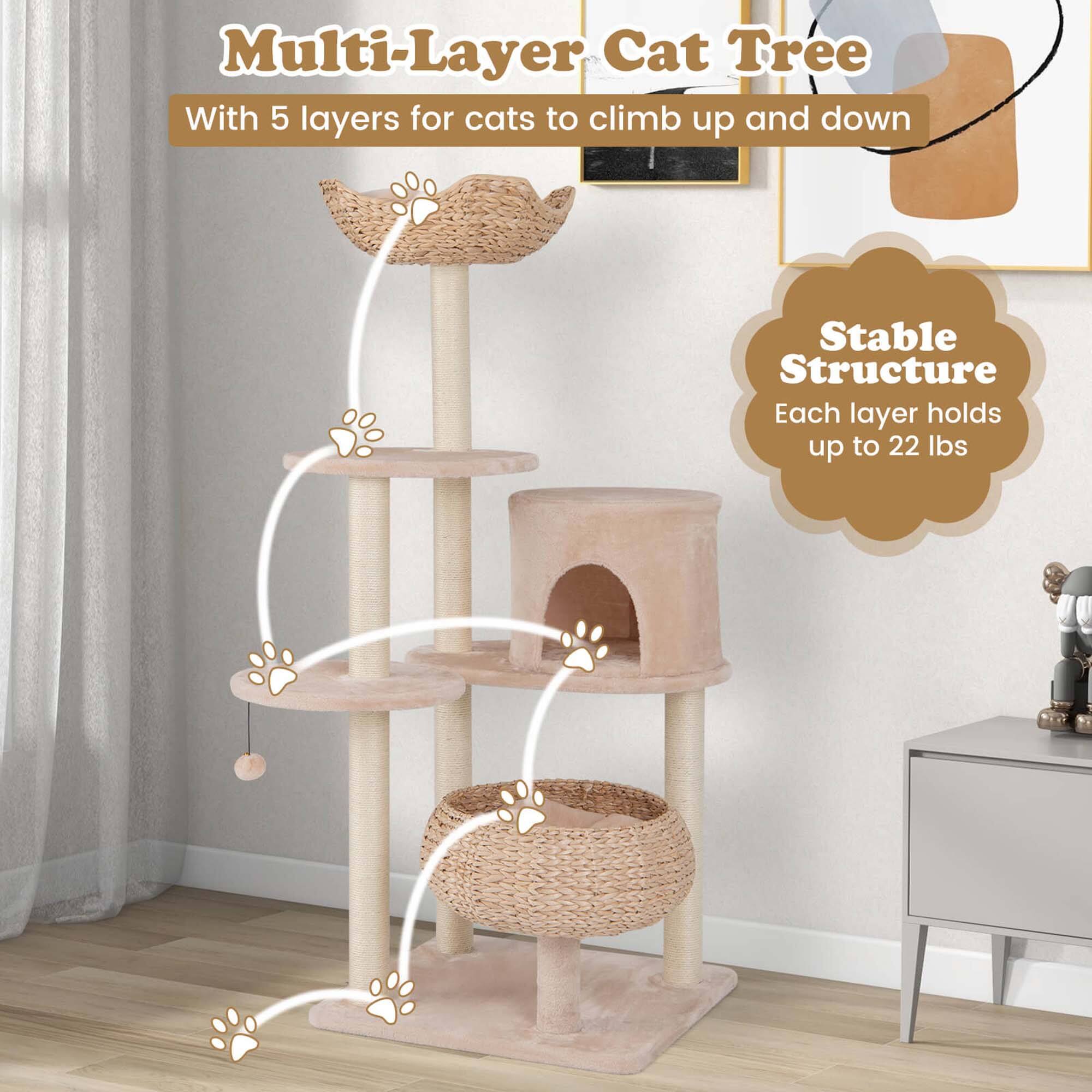 Multi-Layer Cat Tree  
With 5 layers for cats to climb up and down  

Stable Structure  
Each layer holds up to 22 lbs