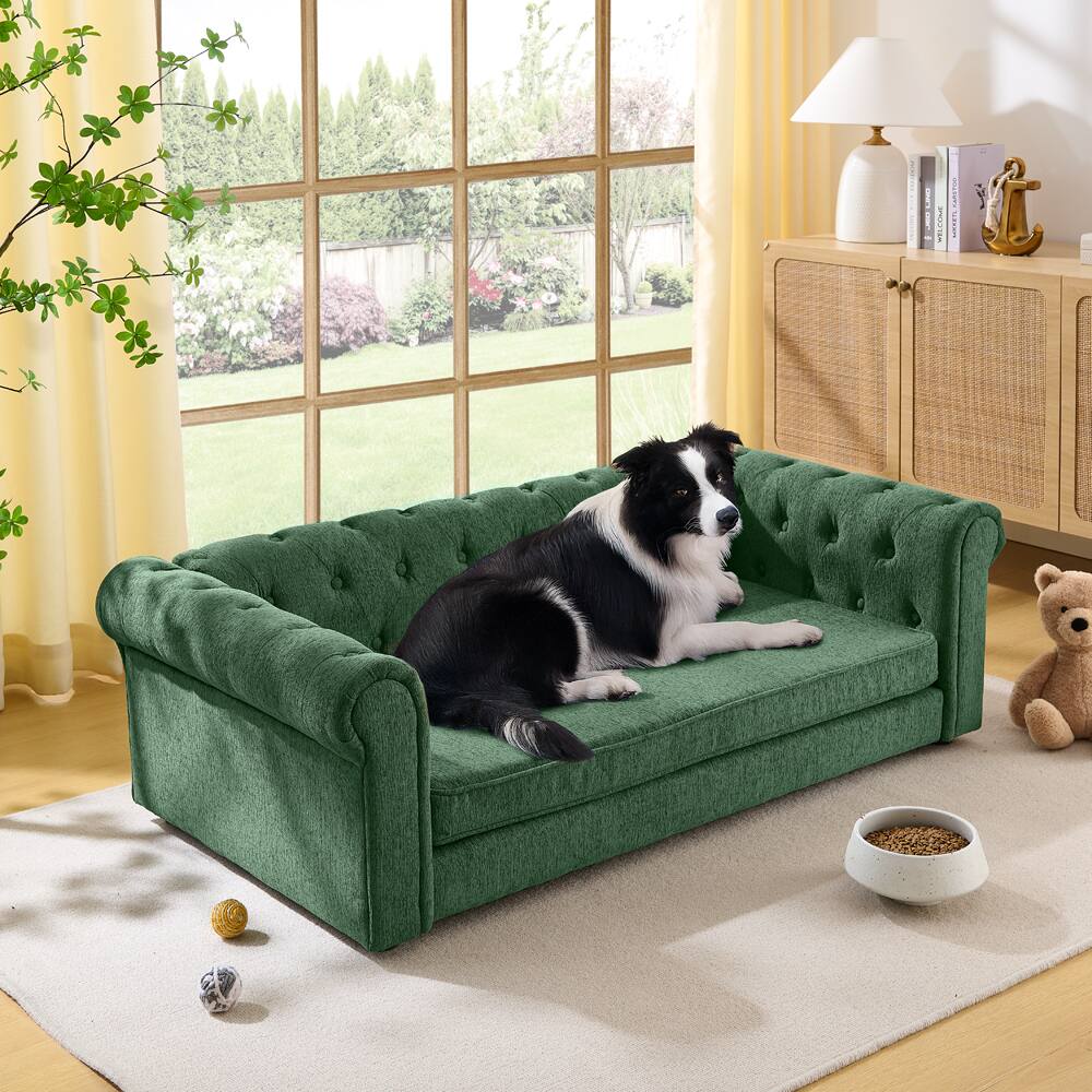 Front. APRILSOUL - Elegant rectangular pet bed for big and oversized dogs linen fabric dog sofa OLIVE GREEN - Olive Green.