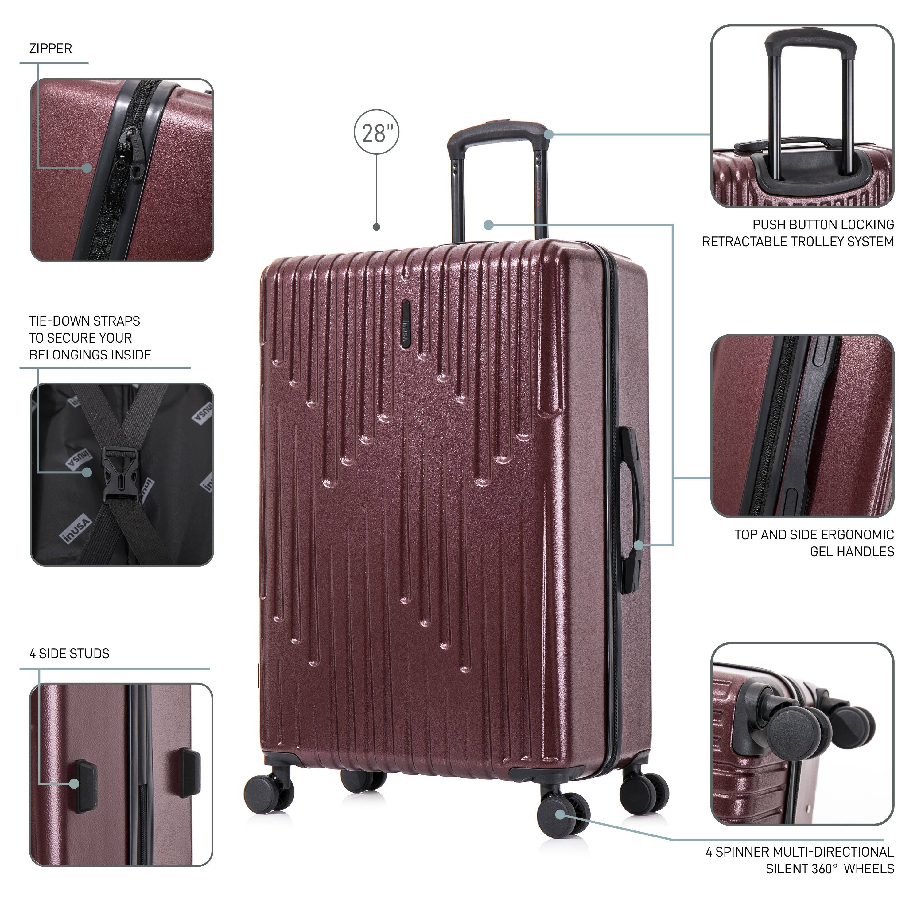 - ZIPPER
- 28" HEIGHT
- PUSH BUTTON LOCKING RETRACTABLE TROLLEY SYSTEM
- TIE-DOWN STRAPS TO SECURE YOUR BELONGINGS INSIDE
- 4 SIDE STUDS
- TOP AND SIDE ERGONOMIC GEL HANDLES
- 4 SPINNER MULTI-DIRECTIONAL SILENT 360° WHEELS
