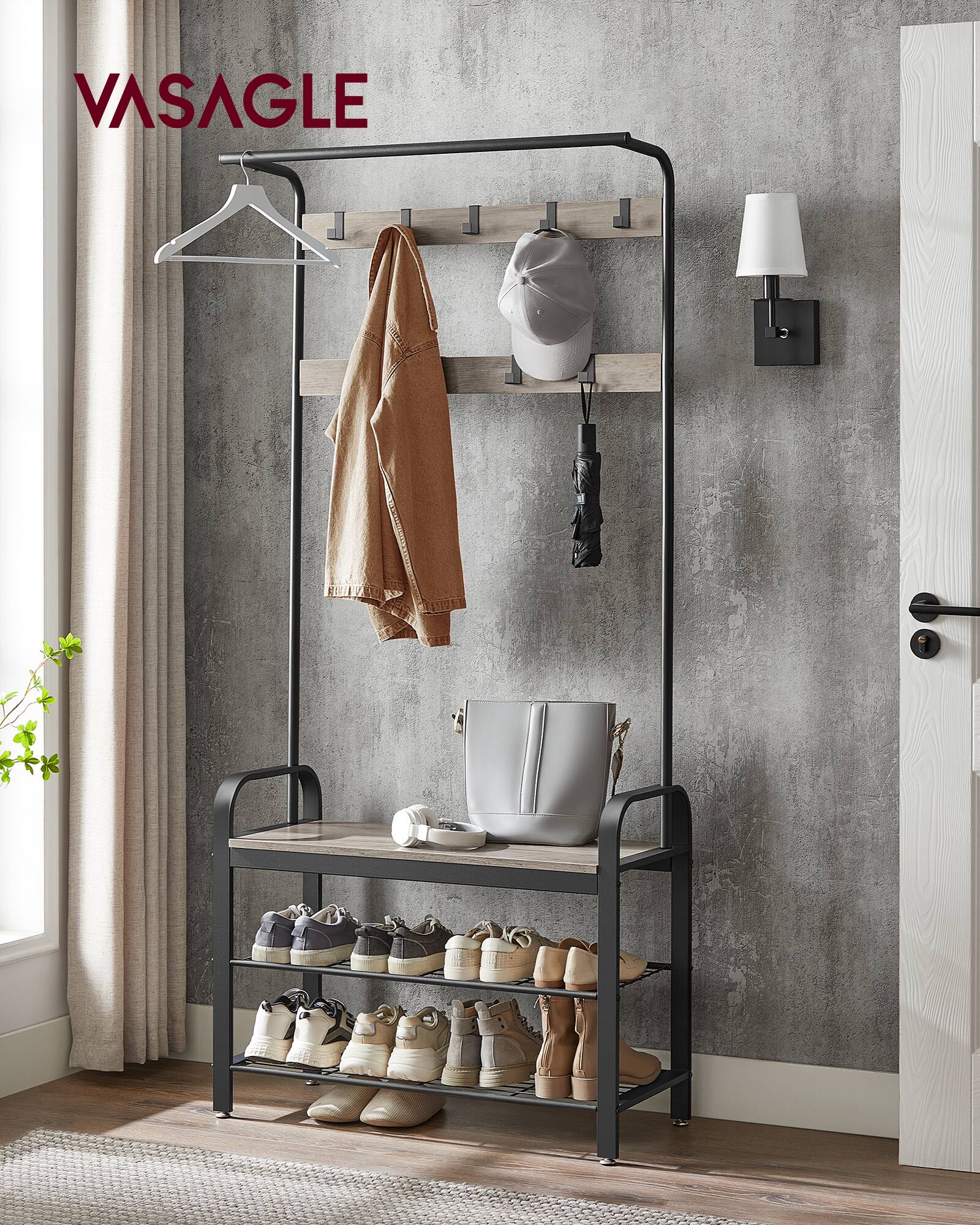 Angle. Songmics Home - Coat Rack, Hall Tree with Shoe Bench for Entryway, Entryway Bench with Coat Rack, 4-in-1, with 9 Removable Hooks - Greige and Black.