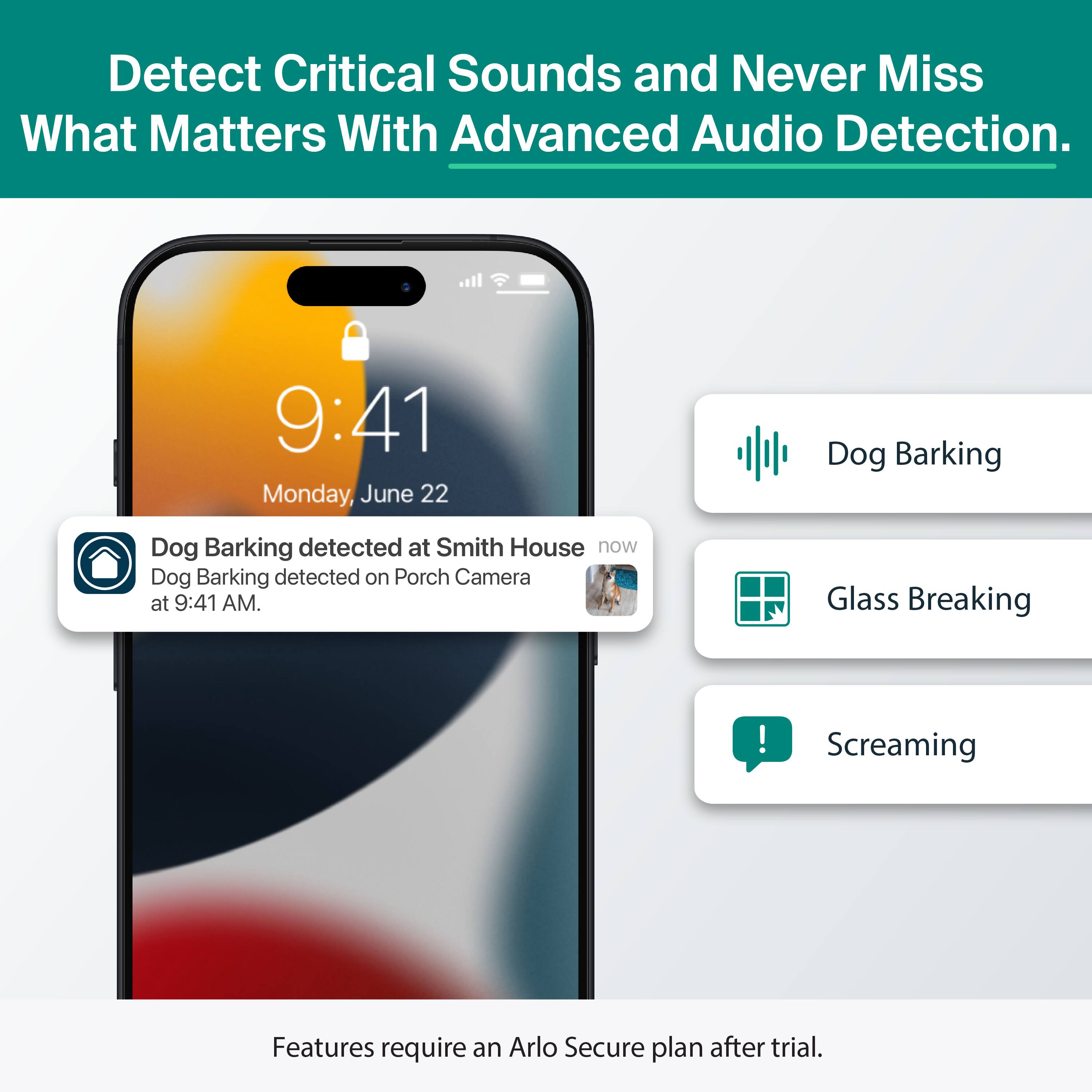 Detect Critical Sounds and Never Miss What Matters With Advanced Audio Detection.

9:41 Monday, June 22

Dog Barking detected at Smith House
Dog Barking detected on Porch Camera at 9:41 AM.

Dog Barking
Glass Breaking
Screaming

Features require an Arlo Secure plan after trial.