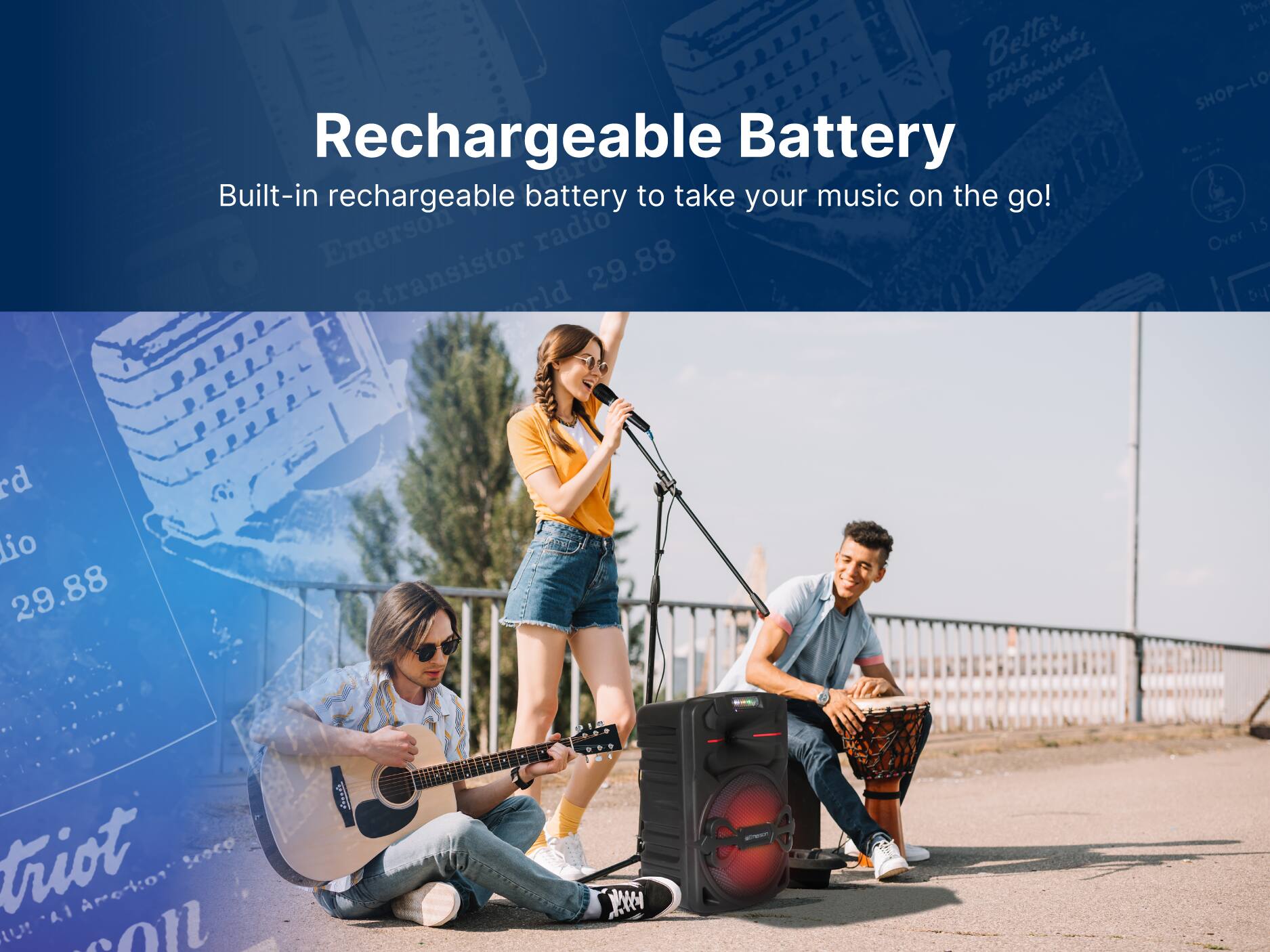 Better TOA, POFRMANC, STRLE e Rechargeable Battery io Built-in rechargeable battery to take your music on the go! Emerson radio 8-transistor 29.88 Pi l L SHOP-LO 15 Over bu rd lio 29.88 - triot co Aro-ion' IA U! Soi A A -