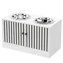 Pawhut - Dog Bowls with Storage Cabinet, 2 Stainless Steel Bowls, Slow Feeder - White