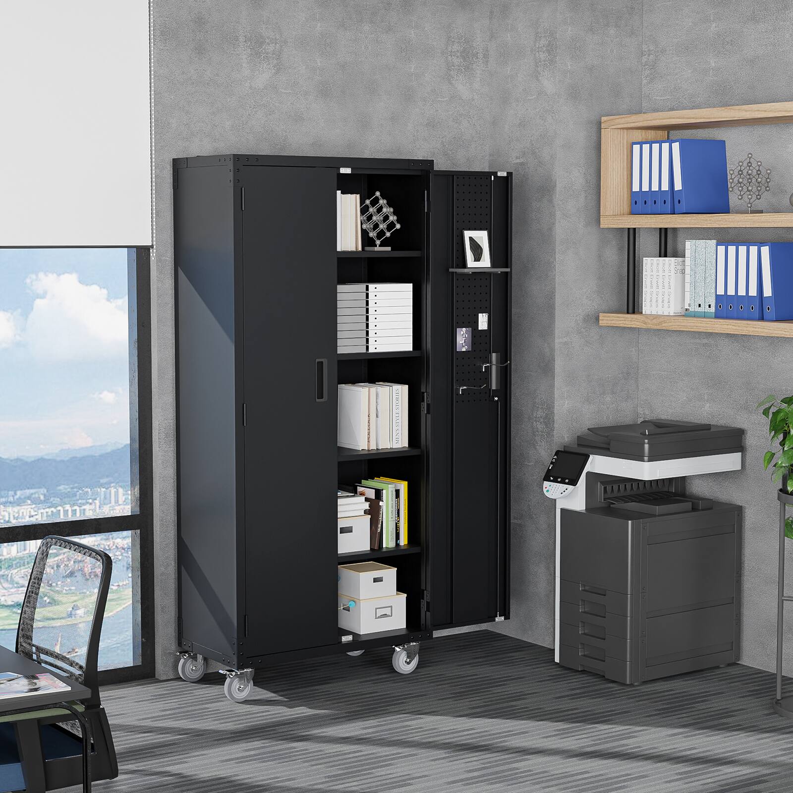 Left. Winado - 72" Tall Garage Storage Cabinet, Metal Storage Cabinet with Pegboards & Wheels - Black.