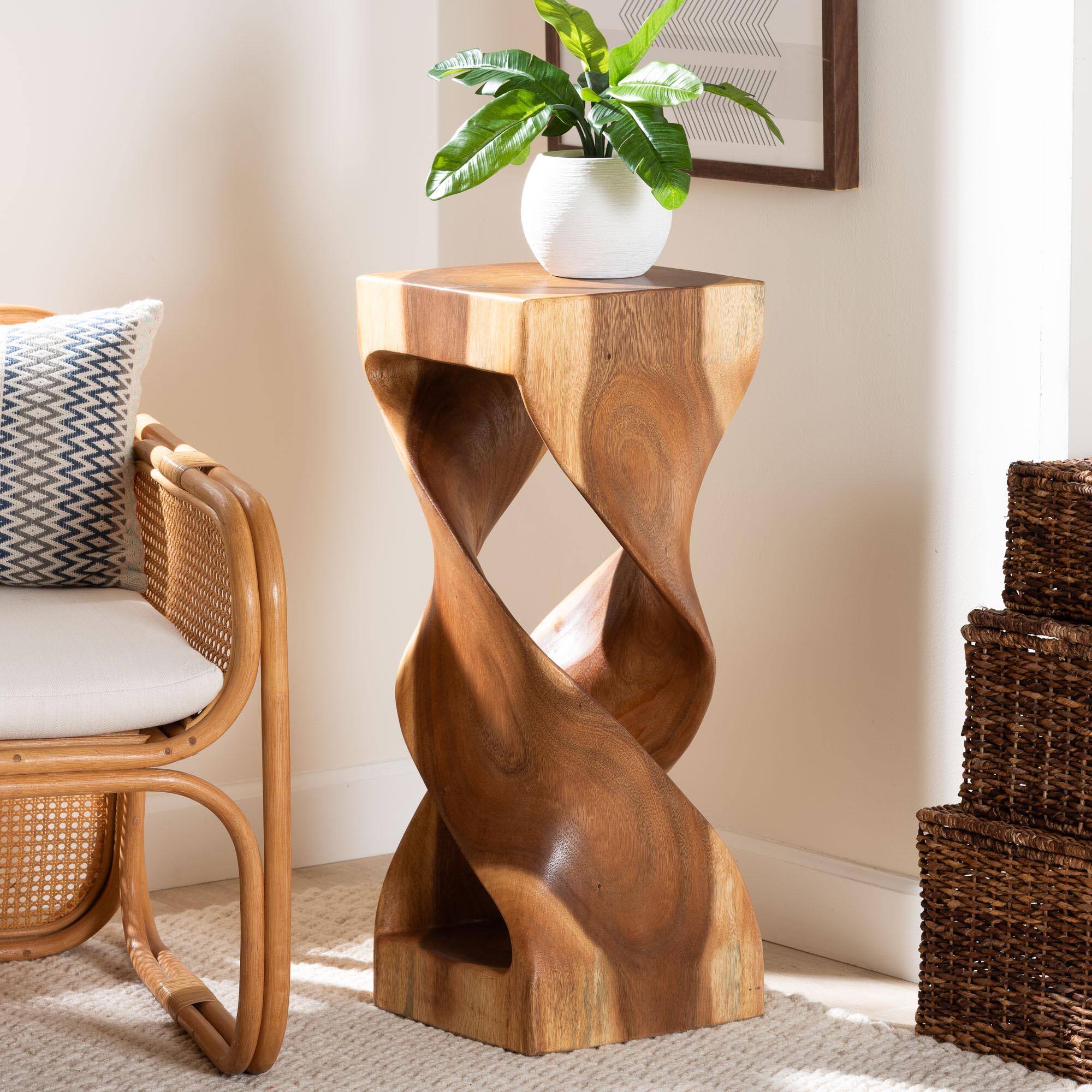 Alt View 2. bali & pari - Rapha Suar Wood Accent Table - Hand-Carved Sculptural Pedestal Stand with Twist Design, Modern Boho Side Table - Natural Brown.