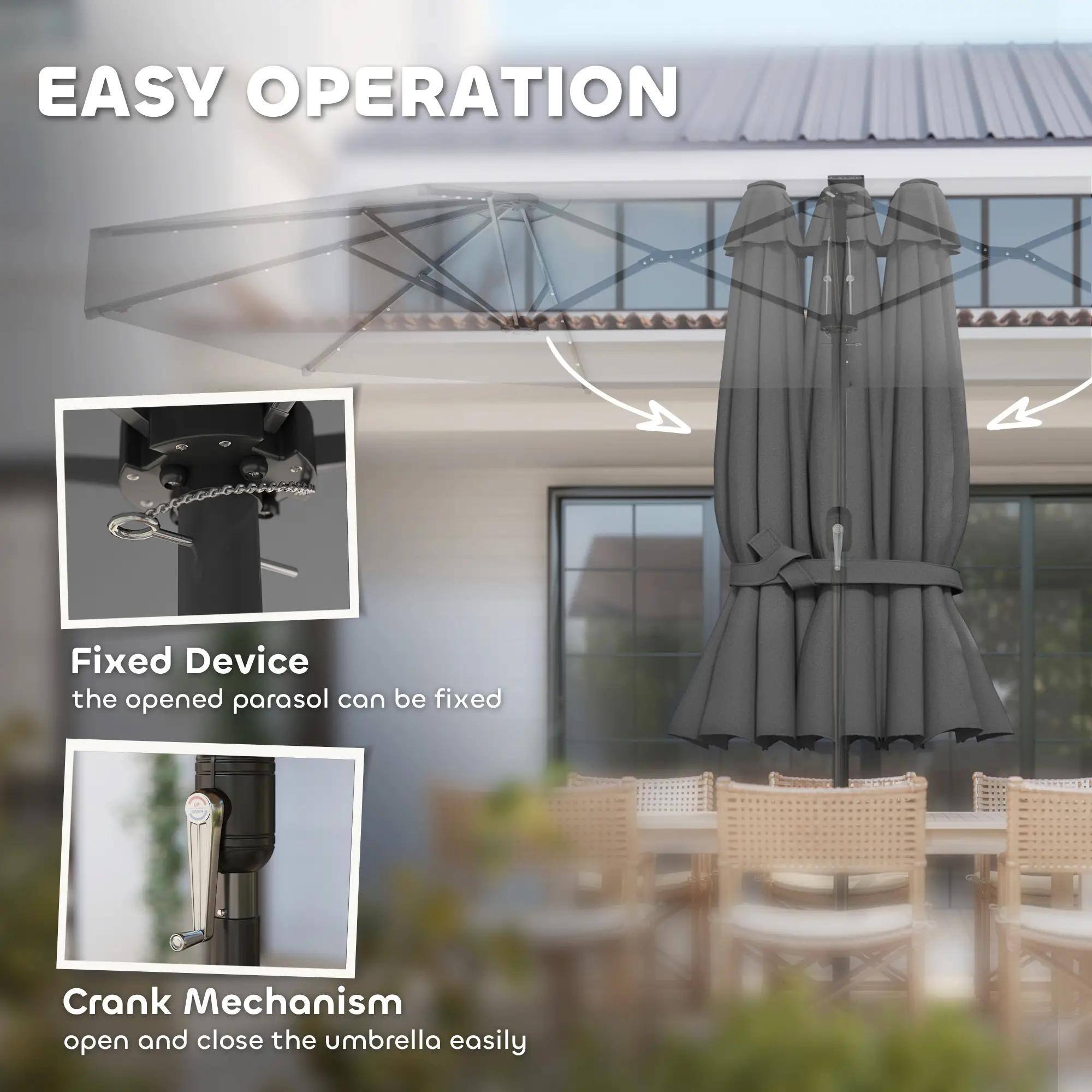 EASY OPERATION

Fixed Device  
the opened parasol can be fixed

Crank Mechanism  
open and close the umbrella easily