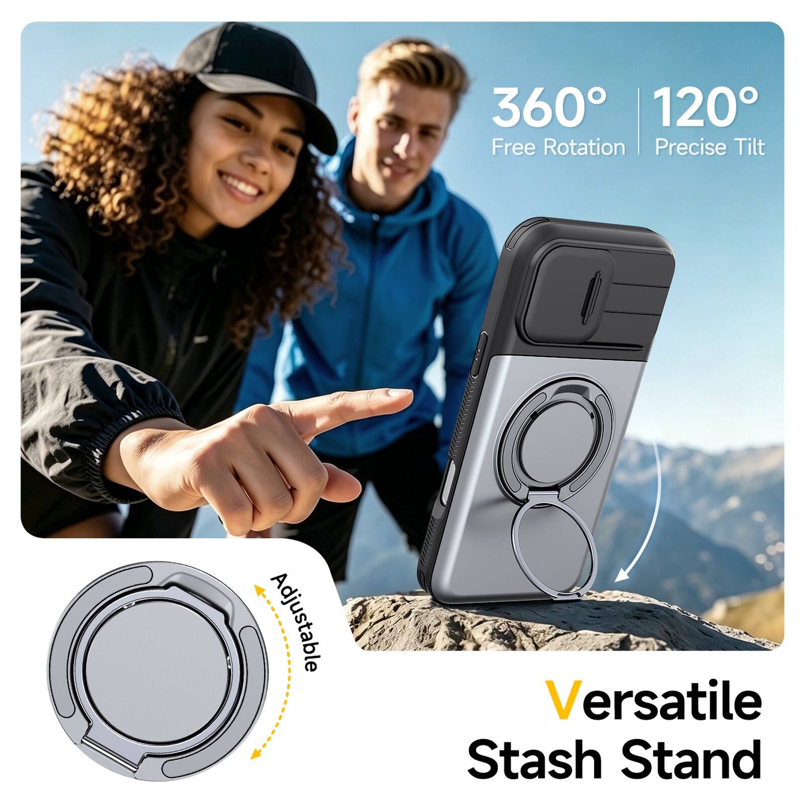 360° 120° Free Rotation | Precise Tilt  
Adjustable  
Versatile Stash Stand