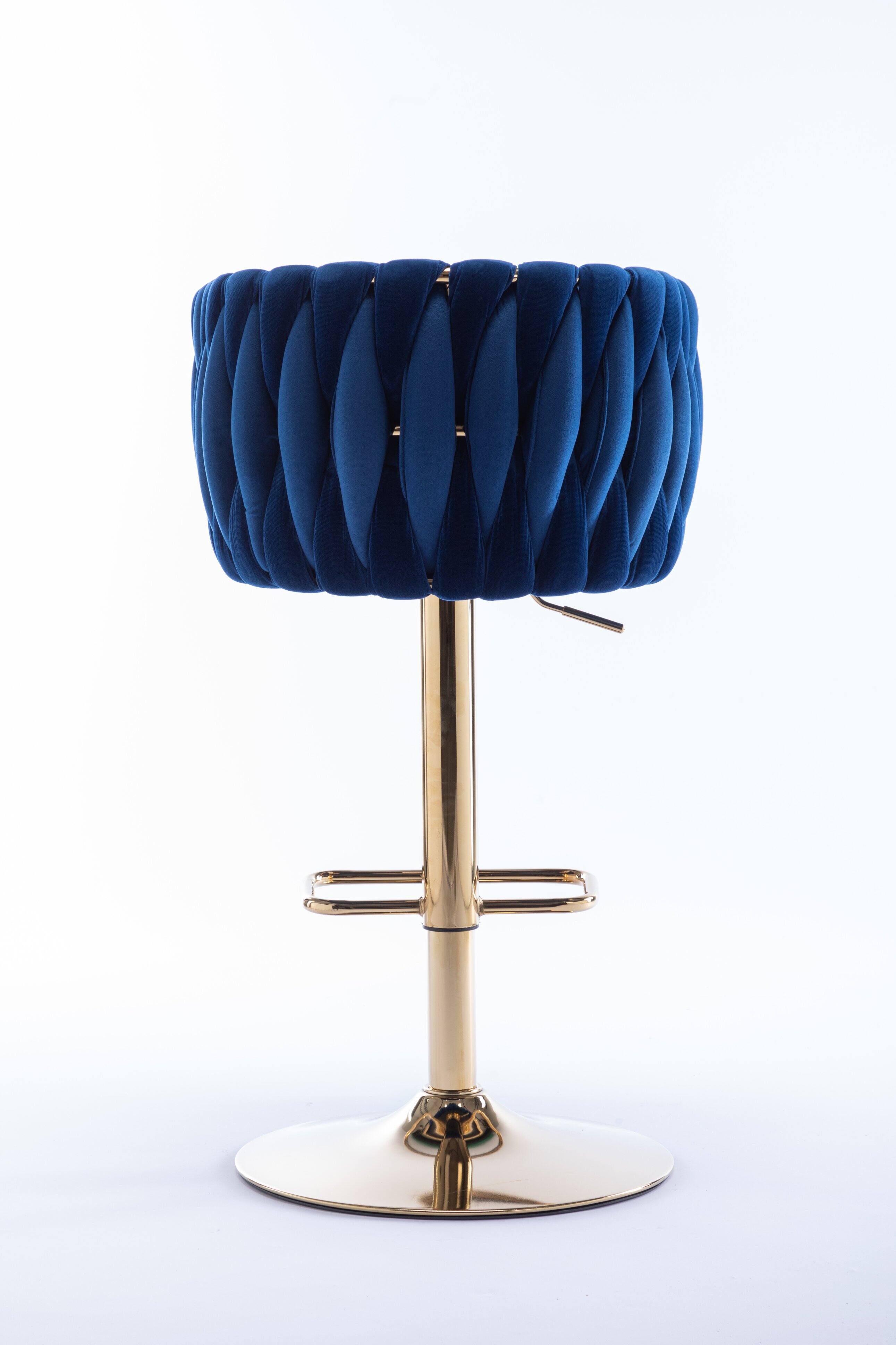Back. PexFix - Modern Velvet Bar Stools, Set of 2, Adjustable Swivel with Golden Legs, Chrome Base for Kitchen Island, Home Bar - Navy.