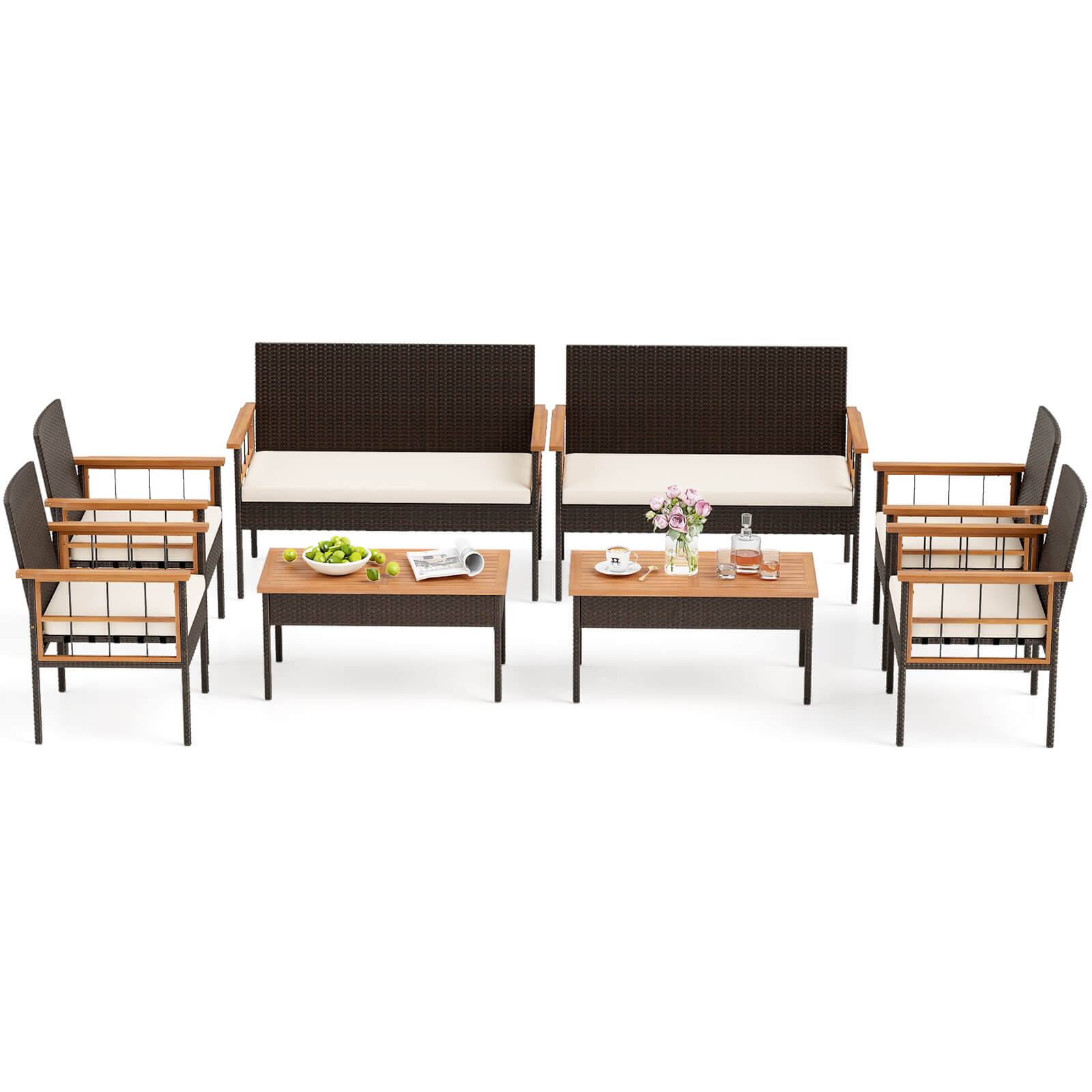 Costway - 8 PCS Wicker Furniture Set with Acacia Wood Tabletop Armrests Cushions for Backyard - Mix Brown+Off-White