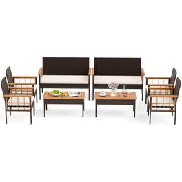 Costway - 8 PCS Wicker Furniture Set with Acacia Wood Tabletop Armrests Cushions for Backyard - Mix Brown+Off-White