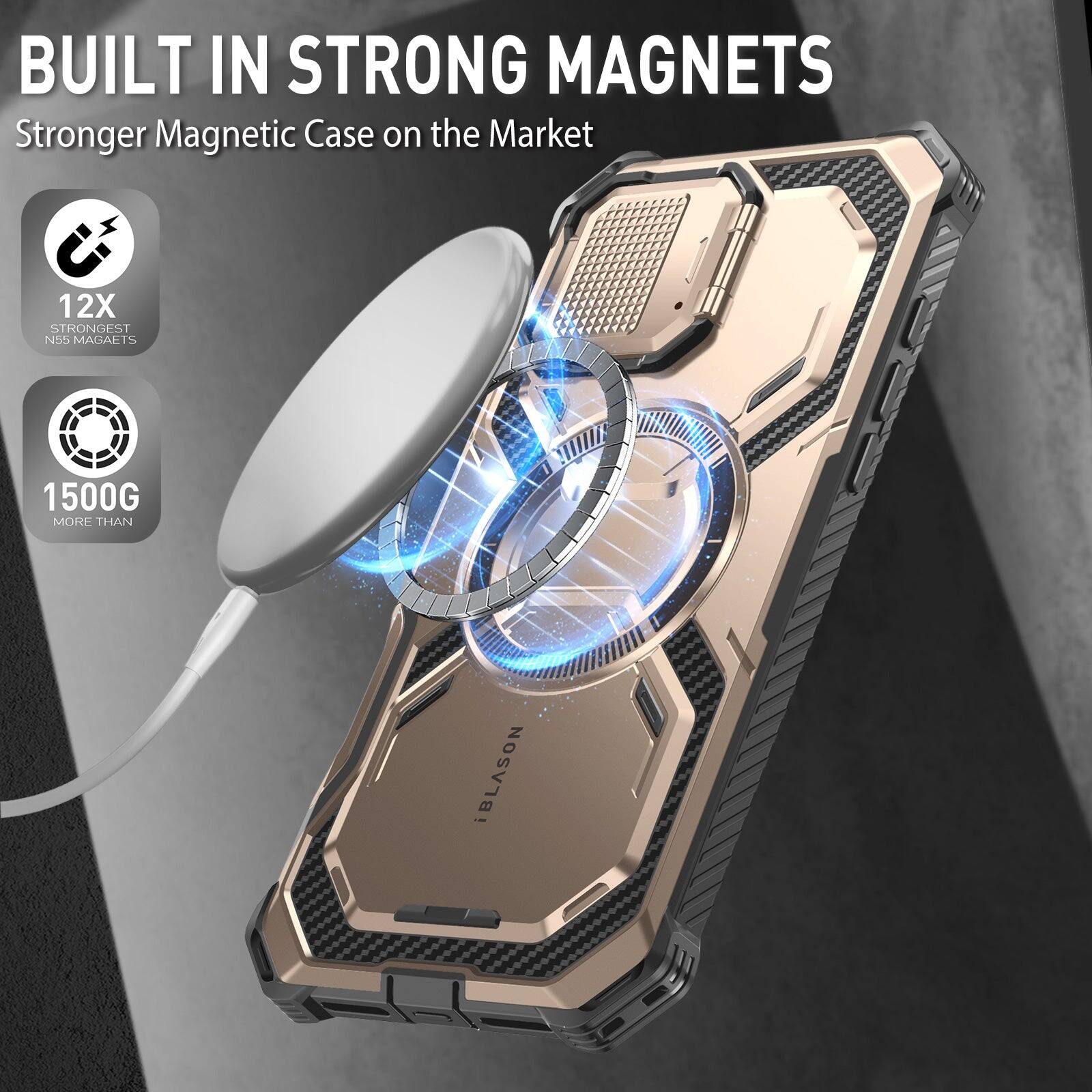 BUILT IN STRONG MAGNETS  
Stronger Magnetic Case on the Market  

12X STRONGEST N55 MAGNETS  
1500G MORE THAN iBLASON