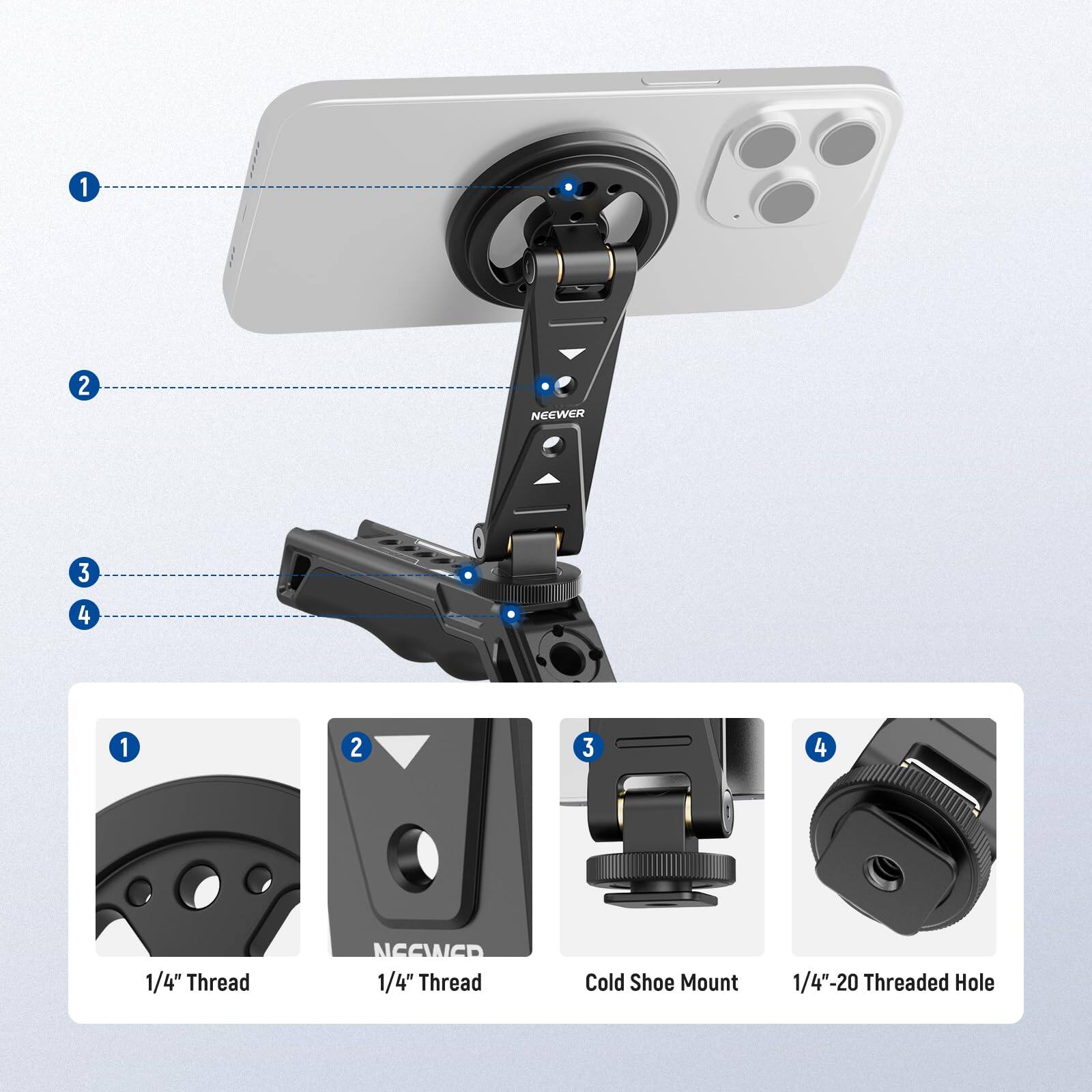 1. 1/4" Thread  
2. 1/4" Thread  
3. Cold Shoe Mount  
4. 1/4"-20 Threaded Hole
