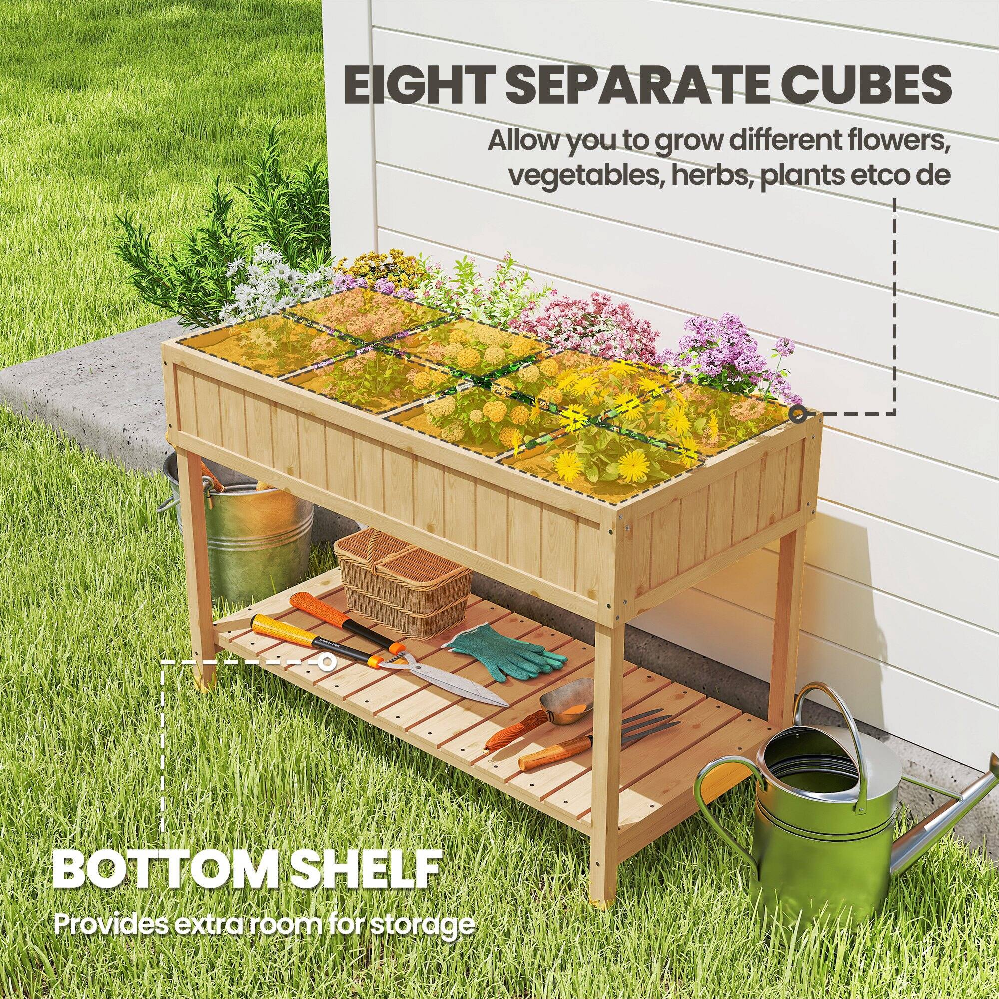 EIGHT SEPARATE CUBES  
Allow you to grow different flowers, vegetables, herbs, plants etc.  

BOTTOM SHELF  
Provides extra room for storage