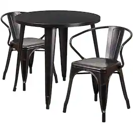 Flash Furniture - Conrad Commercial Grade 30" Round Black-Antique Metal Indoor-Outdoor Table Set with 2 Arm Chairs - Gold