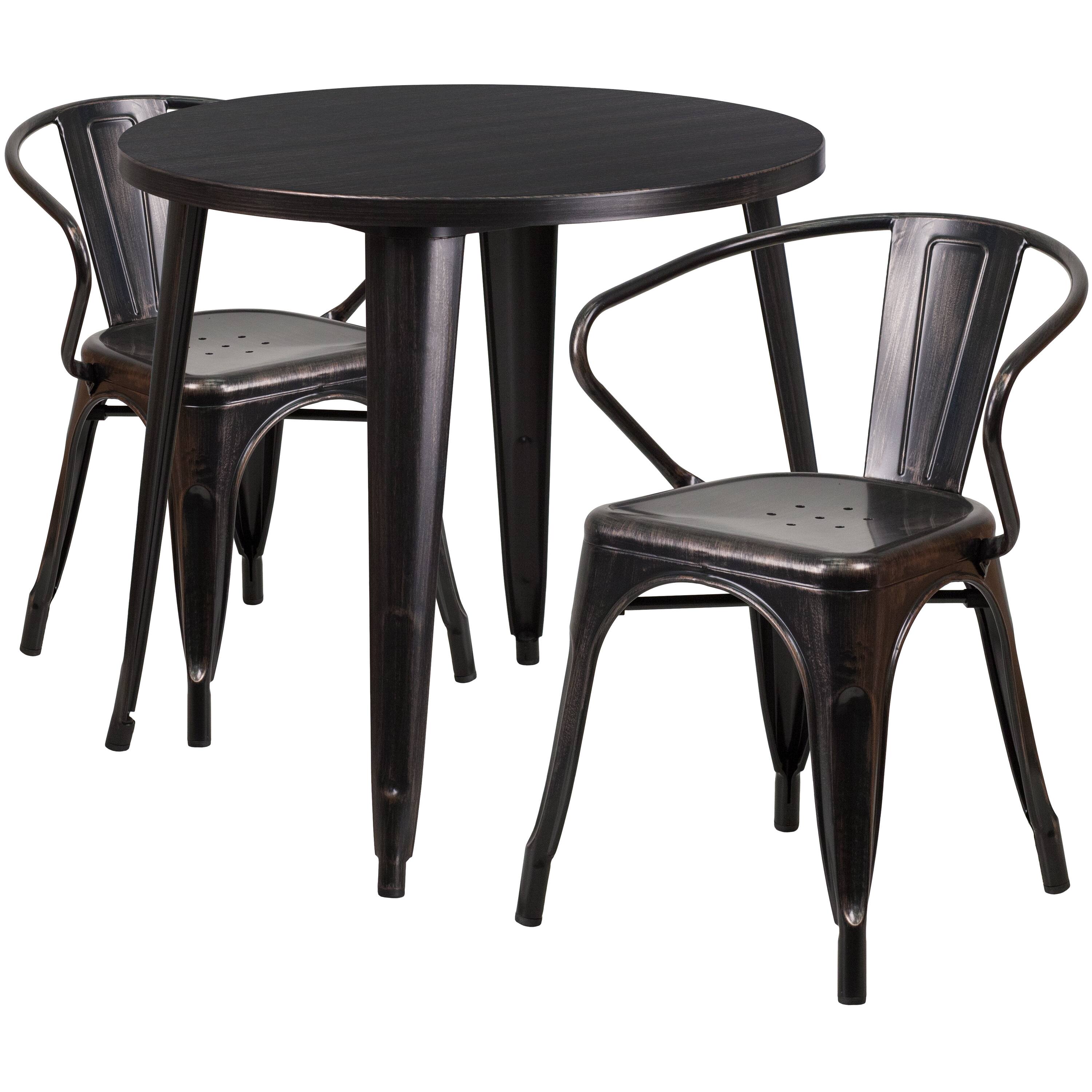 Alt View 1. Emma + Oliver - Commercial Grade 30" Round Metal Indoor-Outdoor Table Set with 2 Arm Chairs - Black-Antique Gold.