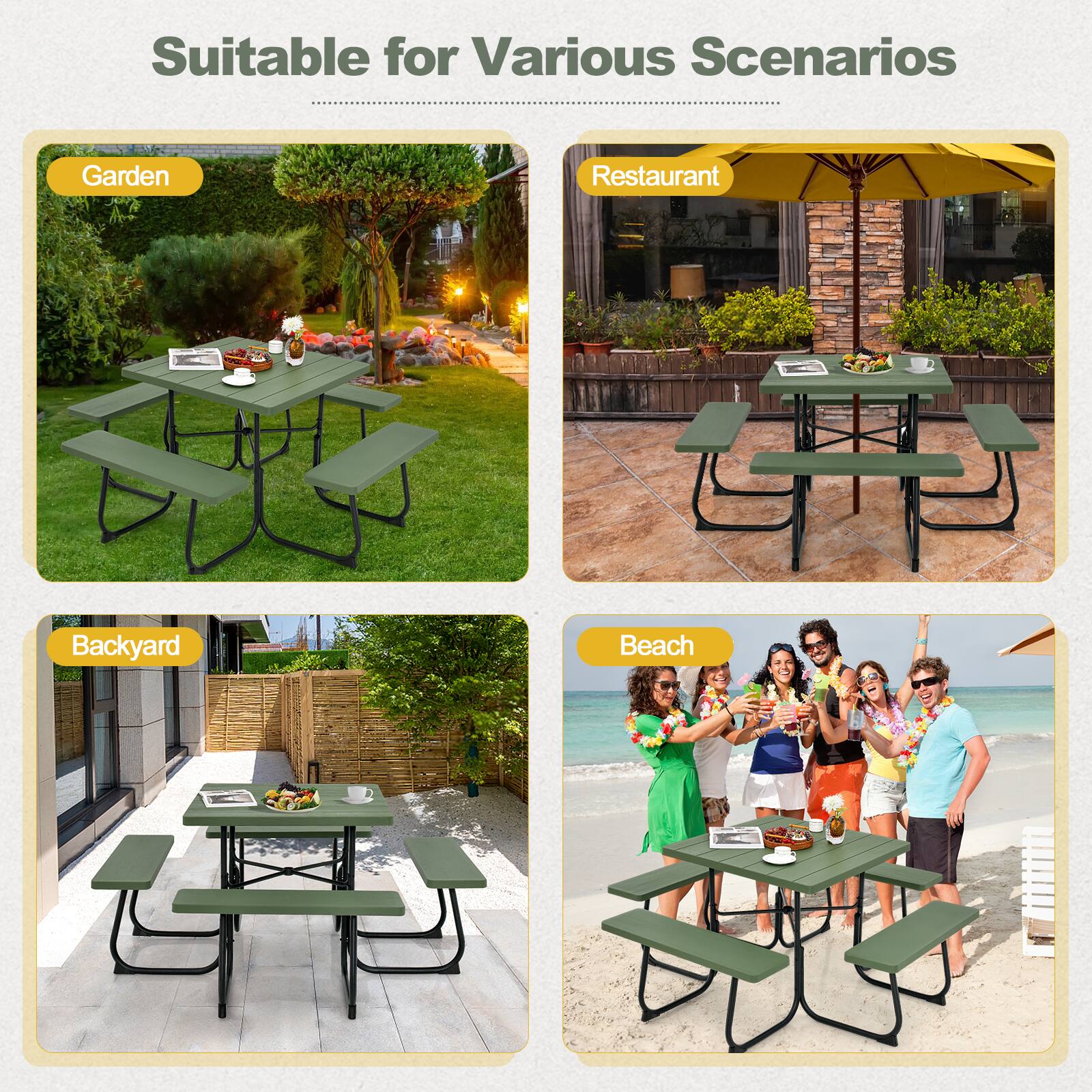 Suitable for Various Scenarios

Garden  
Restaurant  
Backyard  
Beach