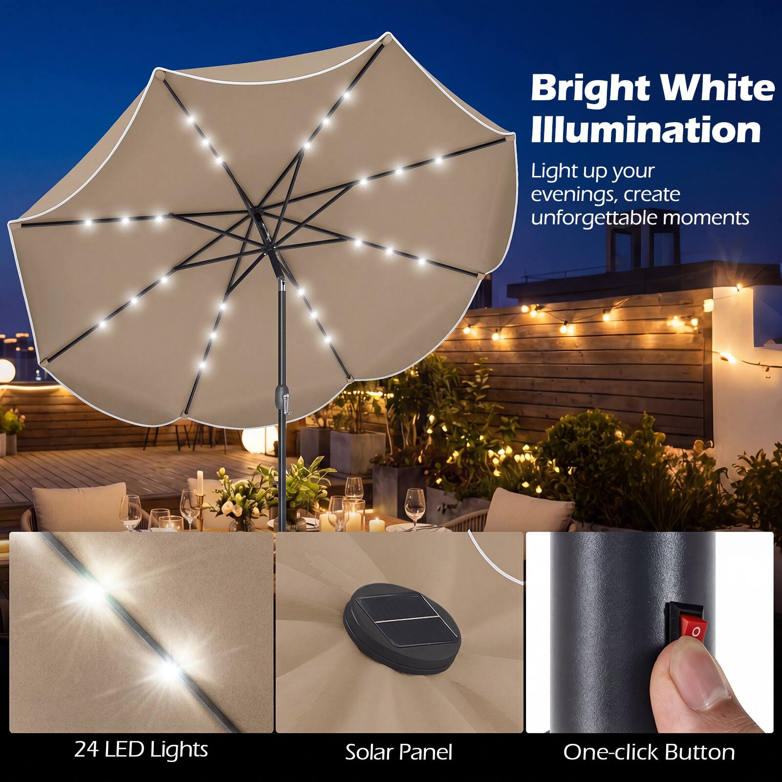Bright White Illumination  
Light up your evenings, create unforgettable moments  

24 LED Lights  
Solar Panel  
One-click Button