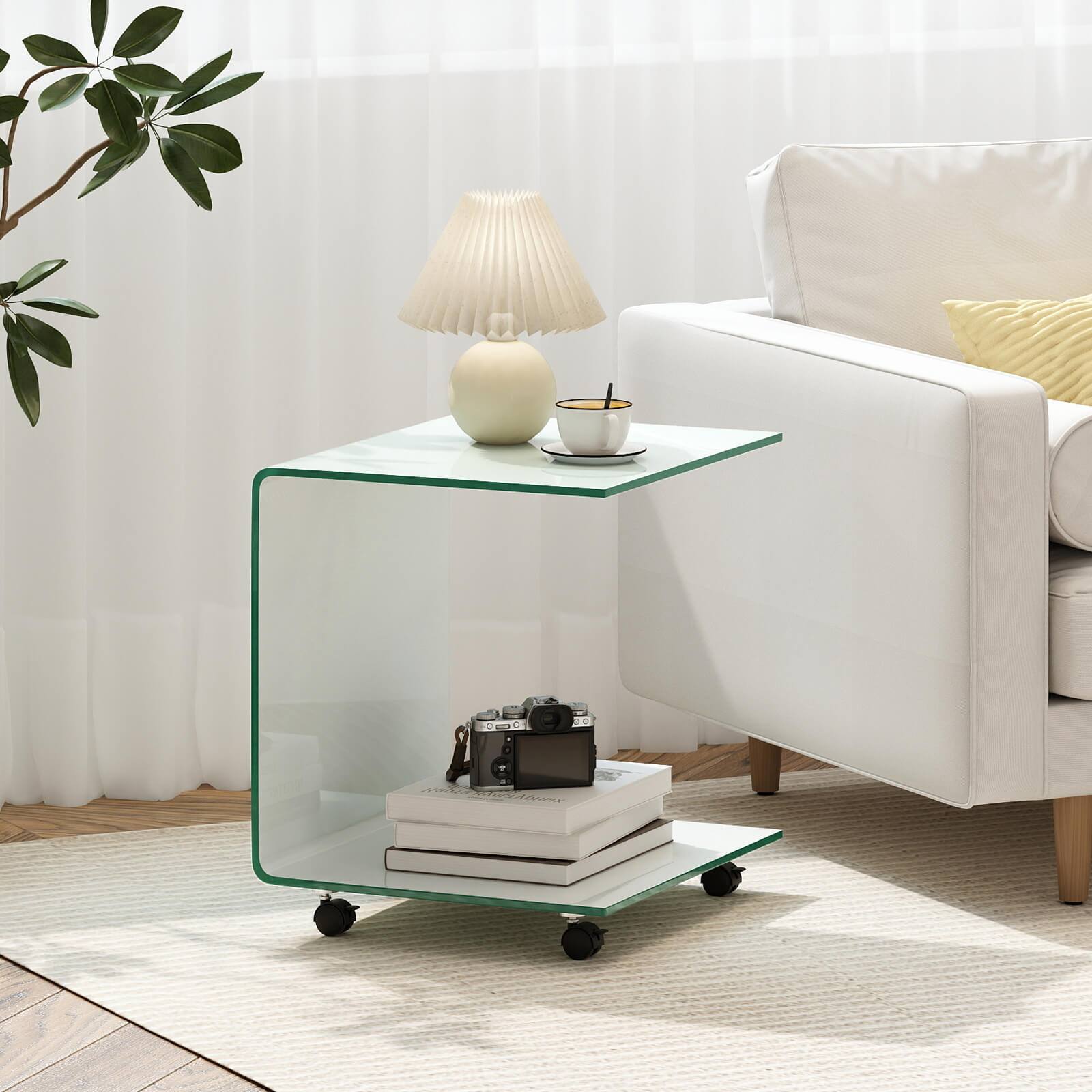 Alt View 2. Costway - Costway 2 PCS C-Shaped End Table with 2-tier shelf, 4 Swivel Lockable Wheels for Living Room - White.