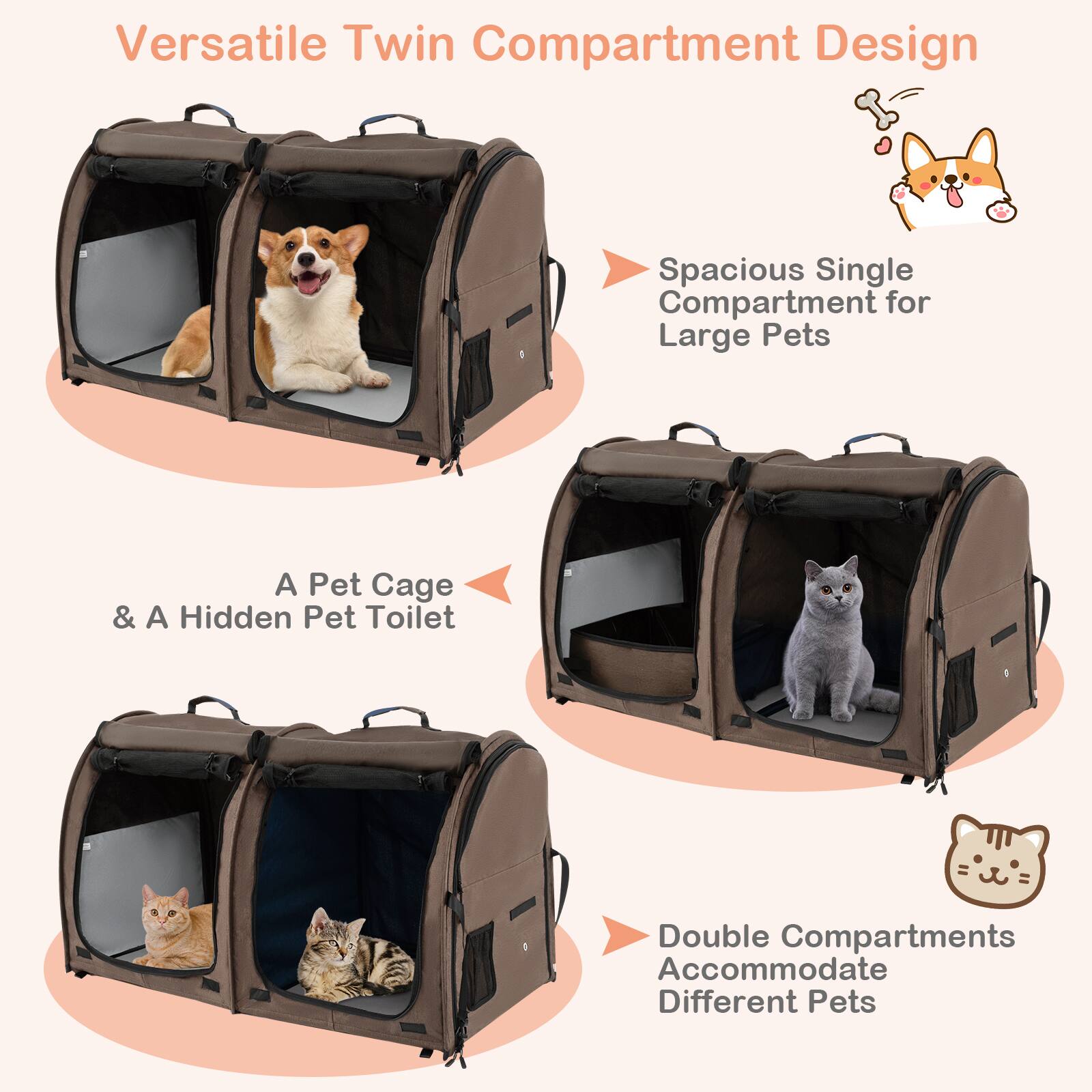 Versatile Twin Compartment Design: Spacious Single Compartment for Large Pets, A Pet Cage & A Hidden Pet Toilet, Double Compartments Accommodate Different Pets.