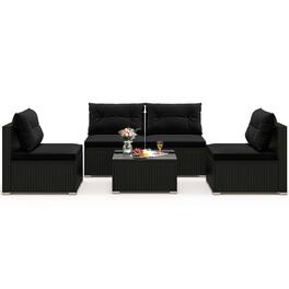 Gymax - 5 PCS Patio Furniture Set w/ Seat & Back Cushions Tempered Glass Tabletop - Black