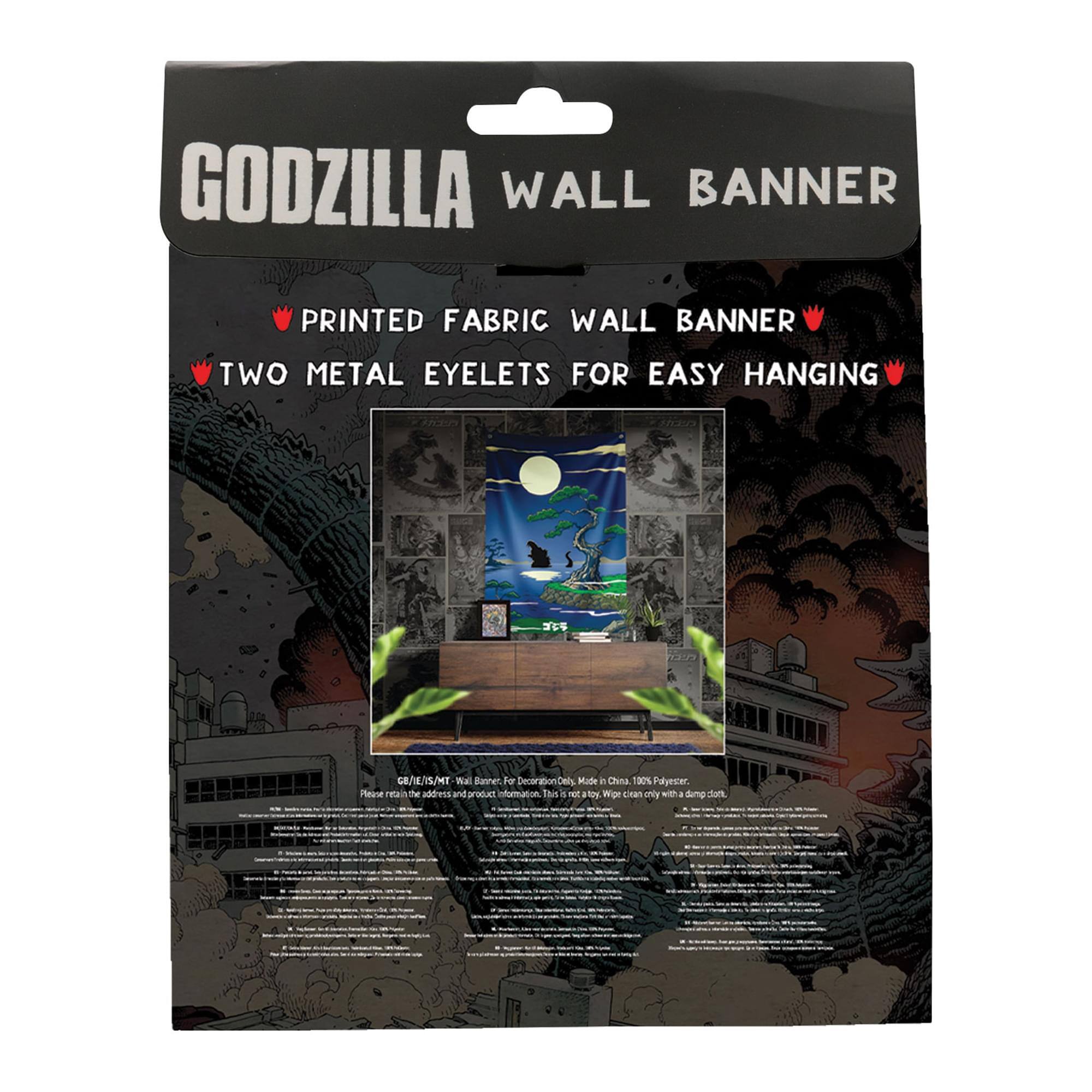 GODZILLA WALL BANNER  
PRINTED FABRIC WALL BANNER  
TWO METAL EYELETS FOR EASY HANGING  

GB/E/15/Wall Banner. For Decoration Only. Made in China. 100% Polyester. This is not a toy. Wipe clean only with a damp cloth.