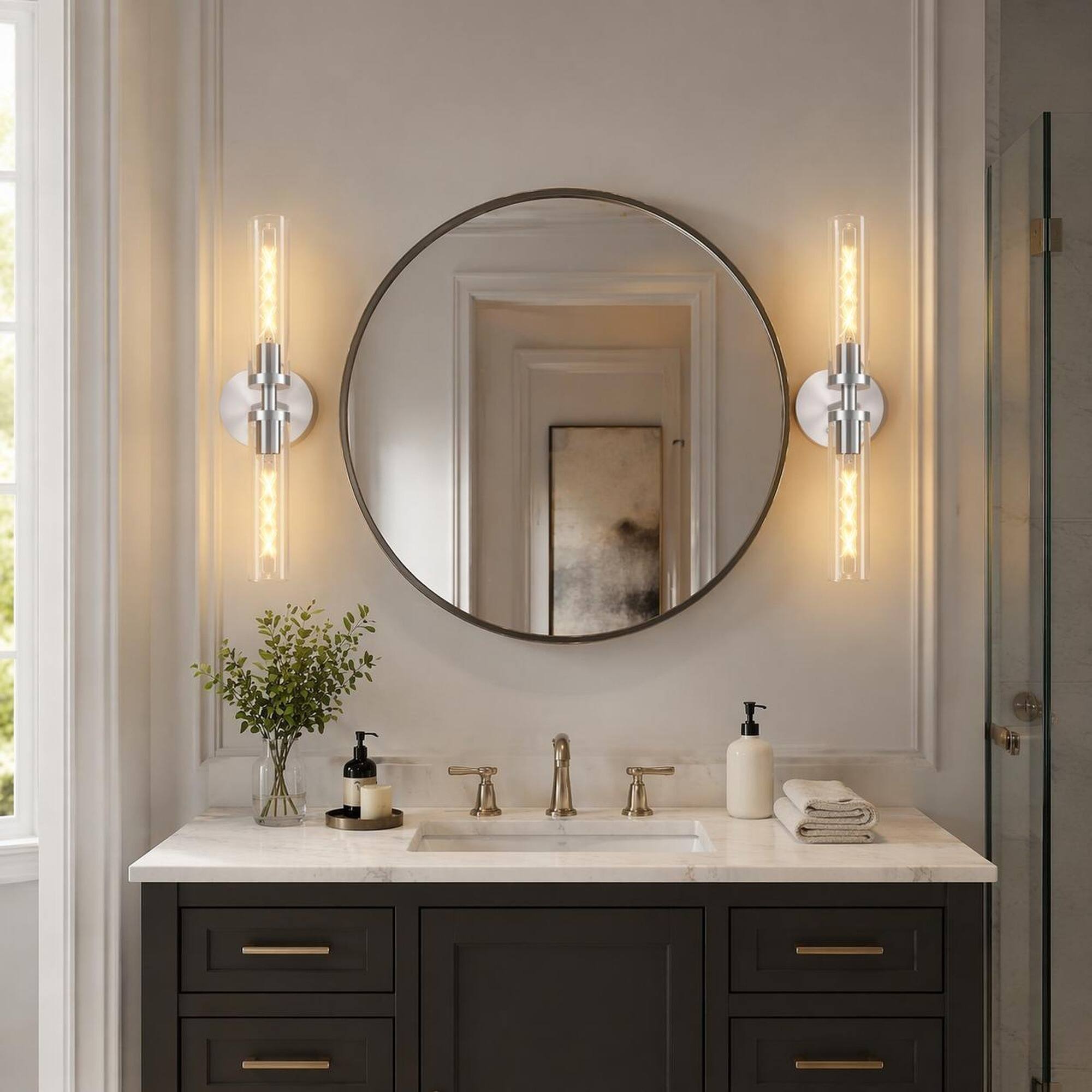 Alt View 3. RYHNUYNE - Brushed Nickel Wall Sconces 2-Pack with Clear Glass Shades for Bathroom Vanity, Hallway, and Bedroom Lighting.