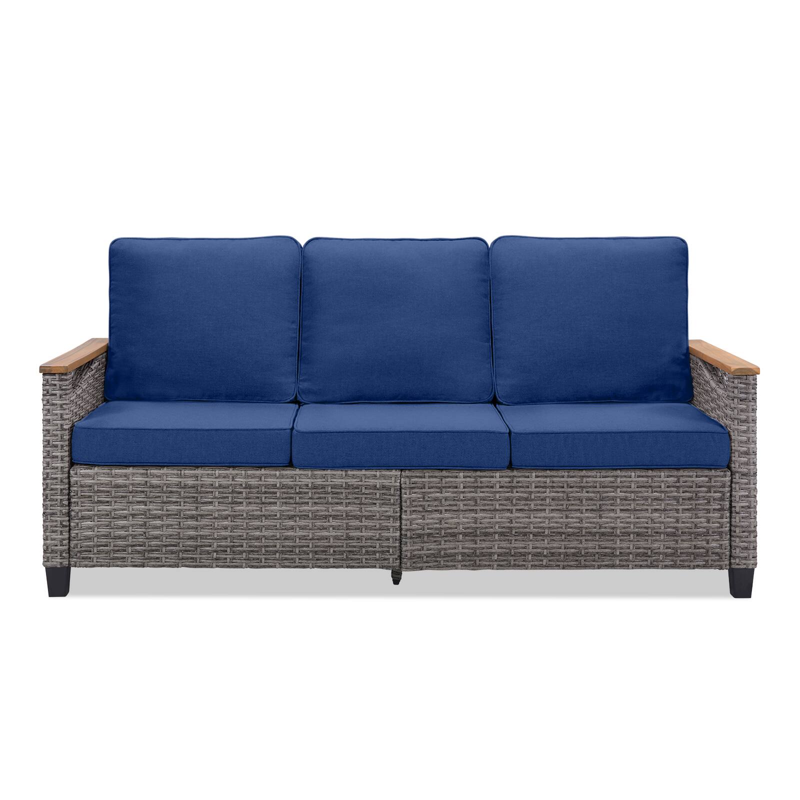 Alt View 5. Mondawe - 69.7" Wide Outdoor Wicker Patio Sofa with Cushions - Blue+Gray.