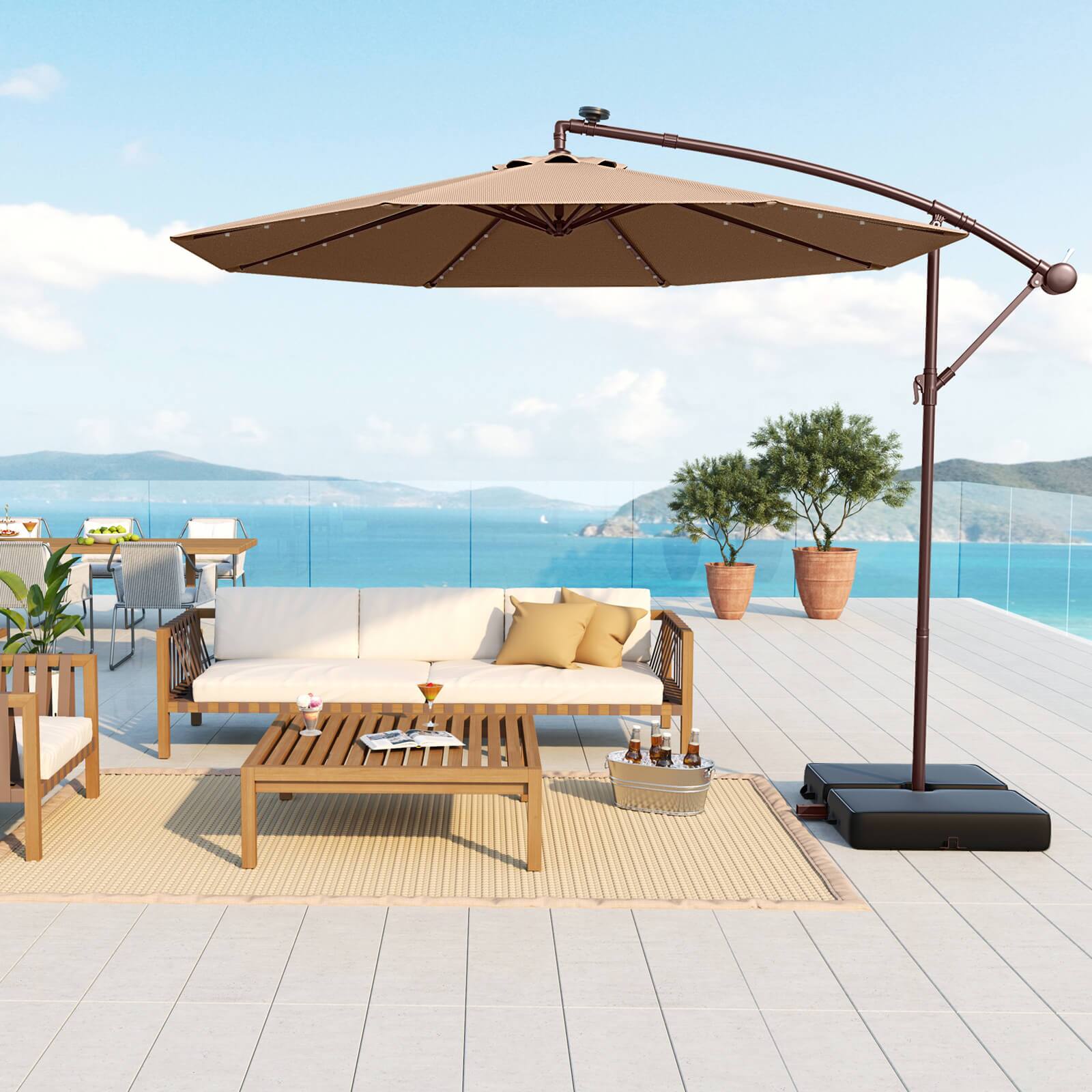 Back. Costway - Patio 10FT Hanging Offset Umbrella 32 LED Lights Sand Bag Outdoor Cross Base - Coffee.