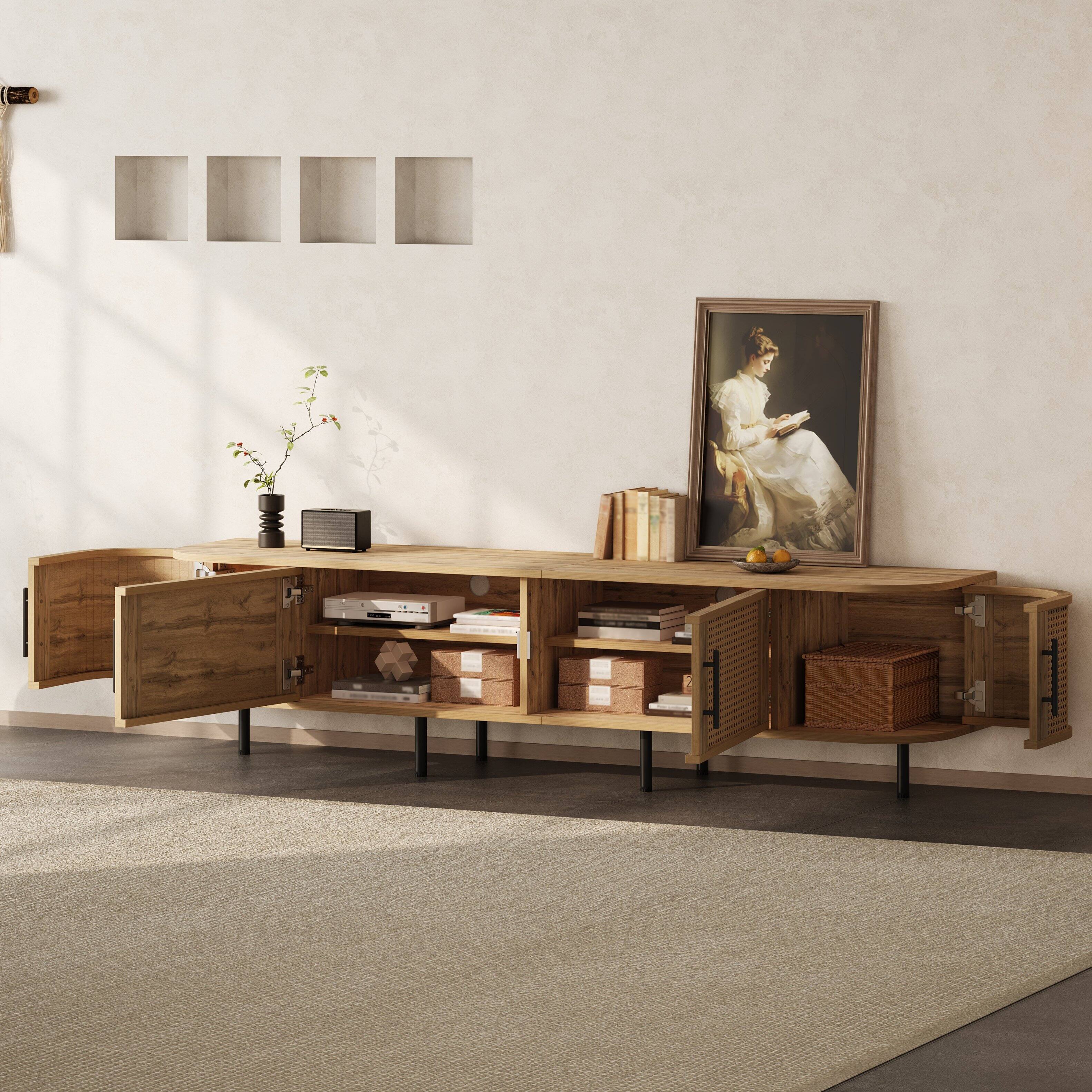 Back. MERAVOM - TV Stand for up to 80" TVs, Entertainment Center with 4 Doors, Modern Media Console with Storage Cabinet for Living Room - Natural.