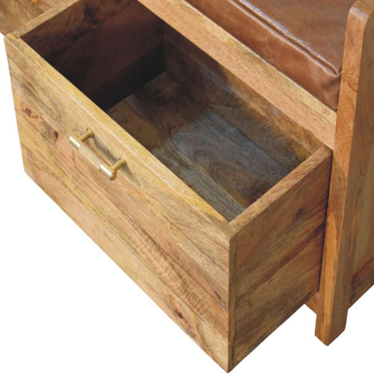 Alt View 4. Artisan Furniture - Artisan Furniture Solid Wood Oakish Storage Bench with Brown Leather Seat, 2 Drawers, Beige - Beige.