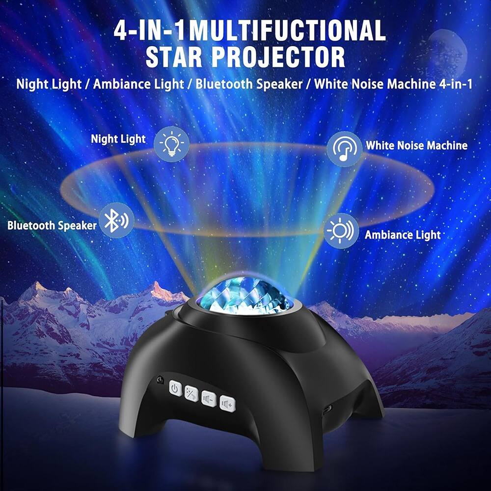 4-IN-1 MULTIFUNCTIONAL STAR PROJECTOR

Night Light / Ambiance Light / Bluetooth Speaker / White Noise Machine 4-in-1

- Night Light
- Bluetooth Speaker
- White Noise Machine
- Ambiance Light