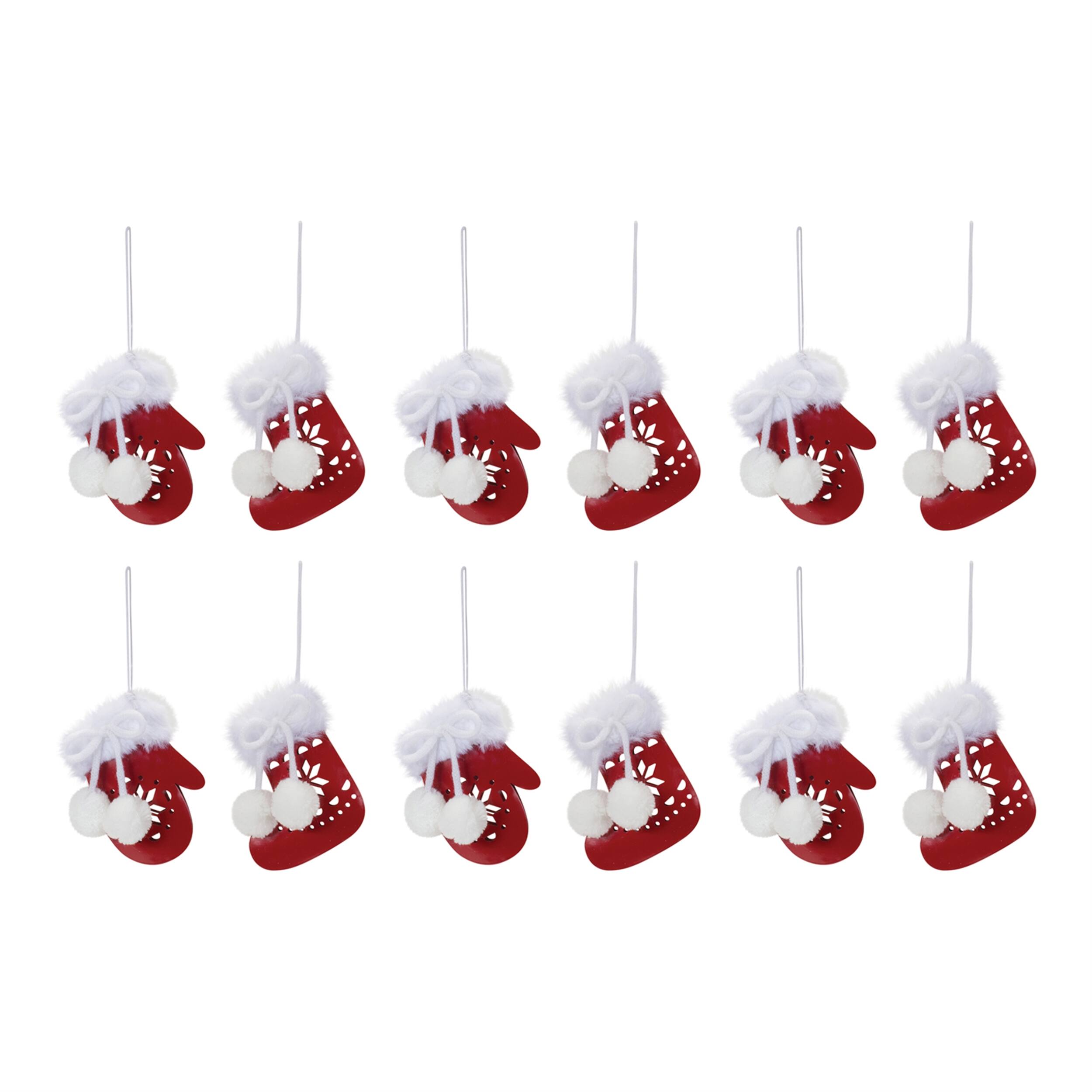 Back. BreeBe - Snowflake Mitten and Stocking Ornament (Set of 12) - Red, White.